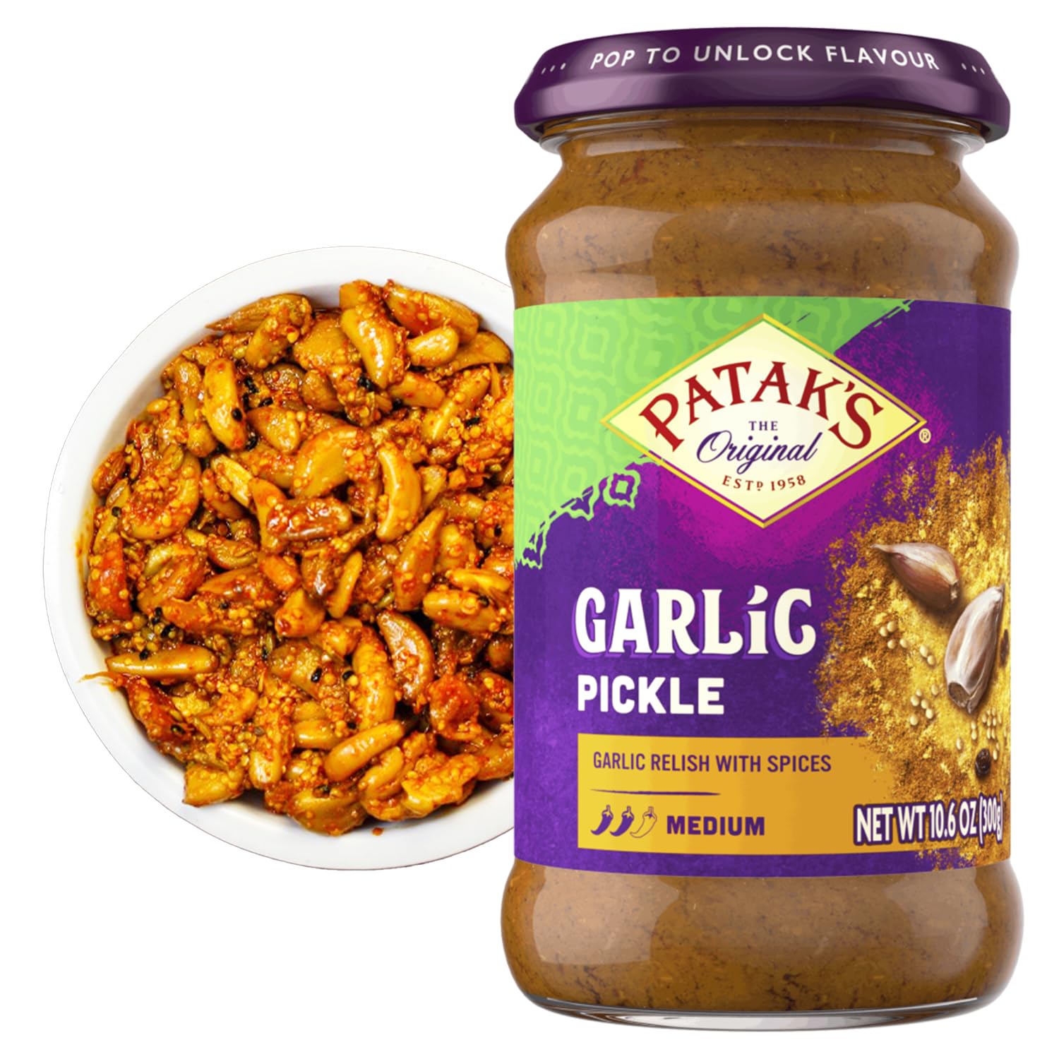 Patak’s Garlic Pickle - Authentic Indian Relish w/Garlic Cloves, Raisins & Aromatic Spices - Perfect for Sandwiches, Curries & Cold Meats - Vegan Medium Heat Spicy Pickle - 10.6oz Jar (Pack of 1)