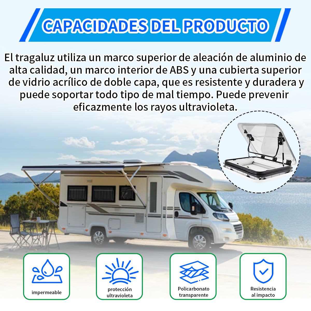 Claraboya caravana ,Claraboya de Techo para Furgoneta Camper, 700x500 mm con LED, Ventilación e Iluminación Todo en Uno, Resistente al Agua con Pantalla Antiinsectos