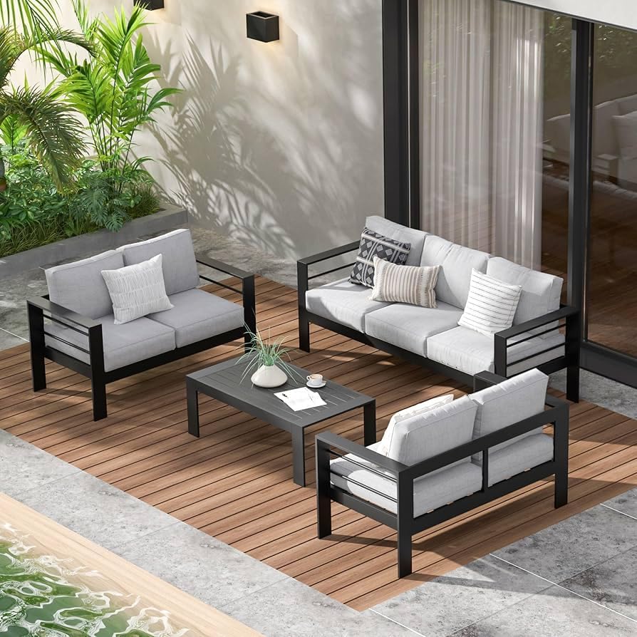 Modern Outdoor Patio Furniture Set 4 Piece Black | Metal Garden Sofa Set with Cushions & Coffee Table | Weather Resistant Balcony Furniture for Patio, Lawn, Terrace & Poolside