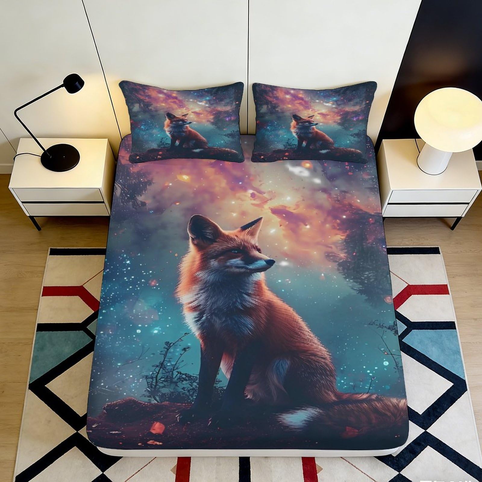 3D Printed Forest Animal Fitted Sheet Microfiber Deep Pocket Fox Bedroom Bedding Non-Slip Mattress Fitted Cover Washable for Adults Teens 140x200x25cm