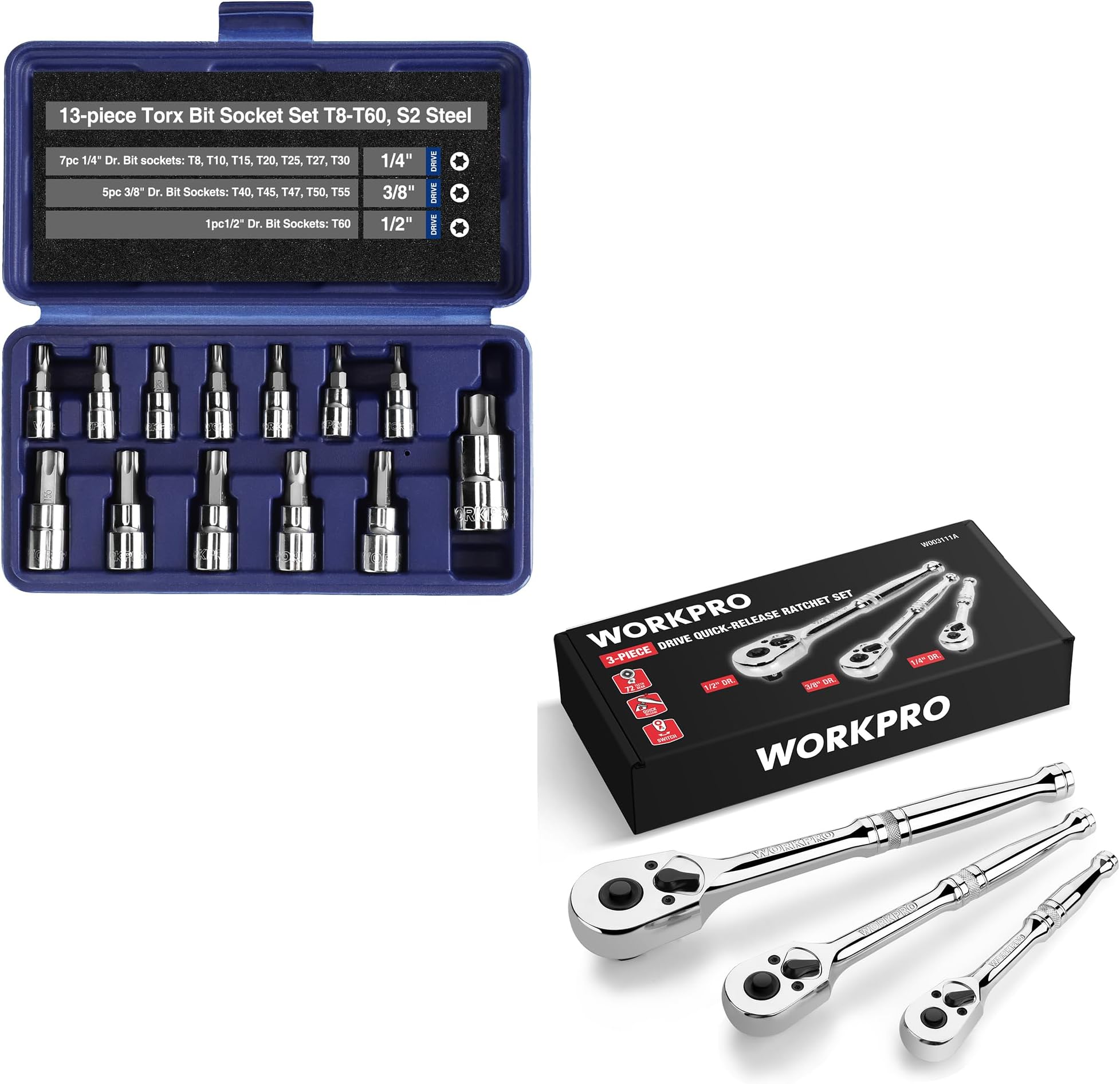 WORKPRO 13-Piece Torx Bit Socket Set & 3-Piece Ratchet Set, Quick Release Reversible, 72-Tooth, 1/4", 3/8", 1/2" Drive Ratchet Wrench