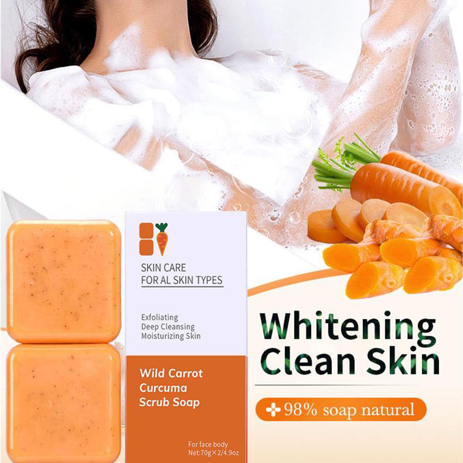 2Pcs Turmeric Soap, Turmeric Soap Natural Carrot Turmeric Soap Bar, Carrot Scrub Soap - Image 4