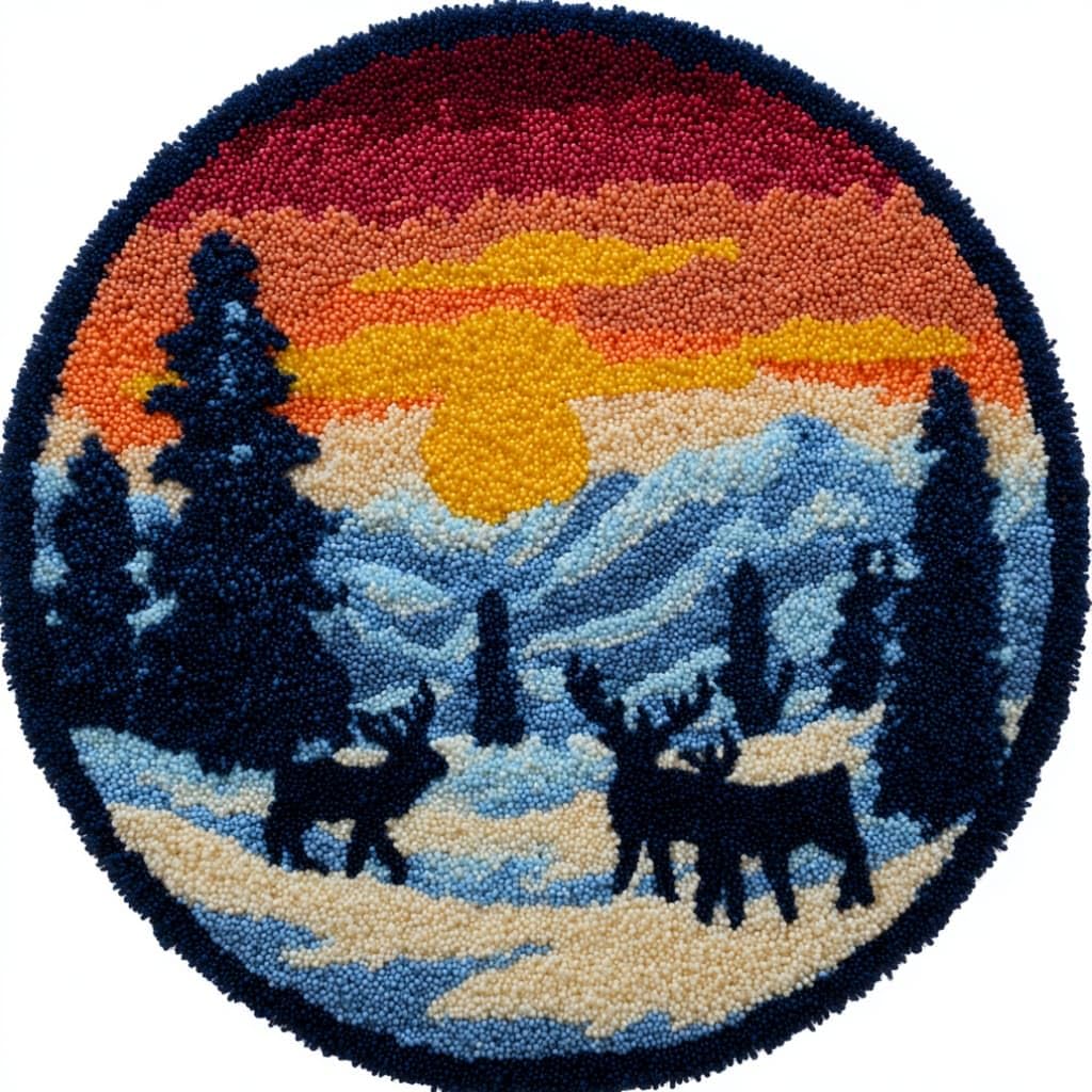 kitphoenix Round DIY Latch Hook Rug Kits Elk Snow Scene 20X20Inch (50X50Cm) Easy for Beginners Round Carpet Crochet Yarn Craft Large Rug Hook and Latch Tapestry for Home Decor