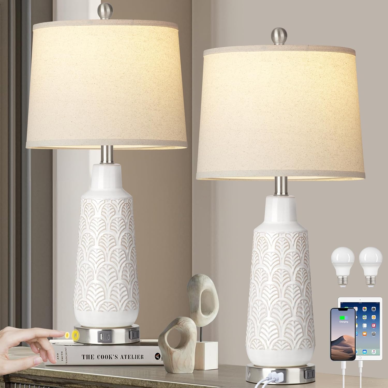 27" Ceramic Table Lamps, Farmhouse Table Lamp Set of 2 with USB A+C Ports & AC Outle, 3-Way Dimmable Touch Control Bedside Nightstand Lamps for Living Room Bedroom End Table White(2 LED Bulb Included) White-1
