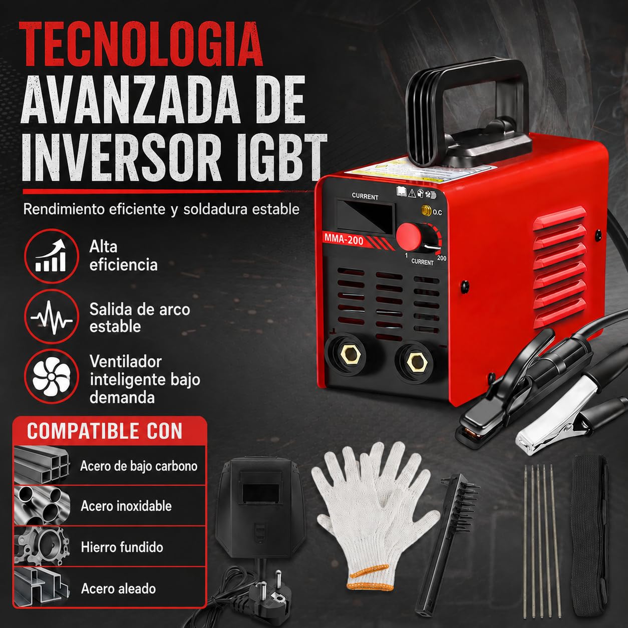 Soldadora de electrodo MMA de 200 A, soldadora de arco de 220 V con pantalla LED, kit con casco de soldadura, martillo para escoria, cepillo con arranque en caliente