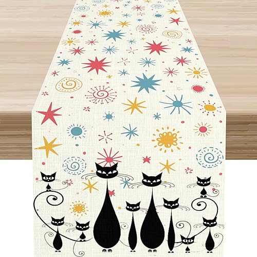 Miniatura 33 de Camino de mesa de los años 70, rústico azul ondulado, cuadrícula floral, moderno, retro, bohemio, hippie de los años 60, decoración abstracta de la