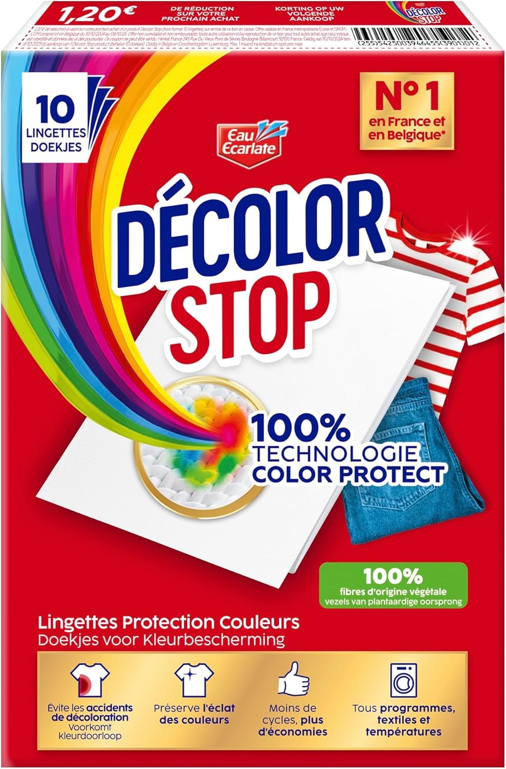 Décolor Stop - Lot 64 sachets 3-en-1 : 40 couleurs + 24 blancs, pack 4x couleur + 2x blanc, détachants pour linge