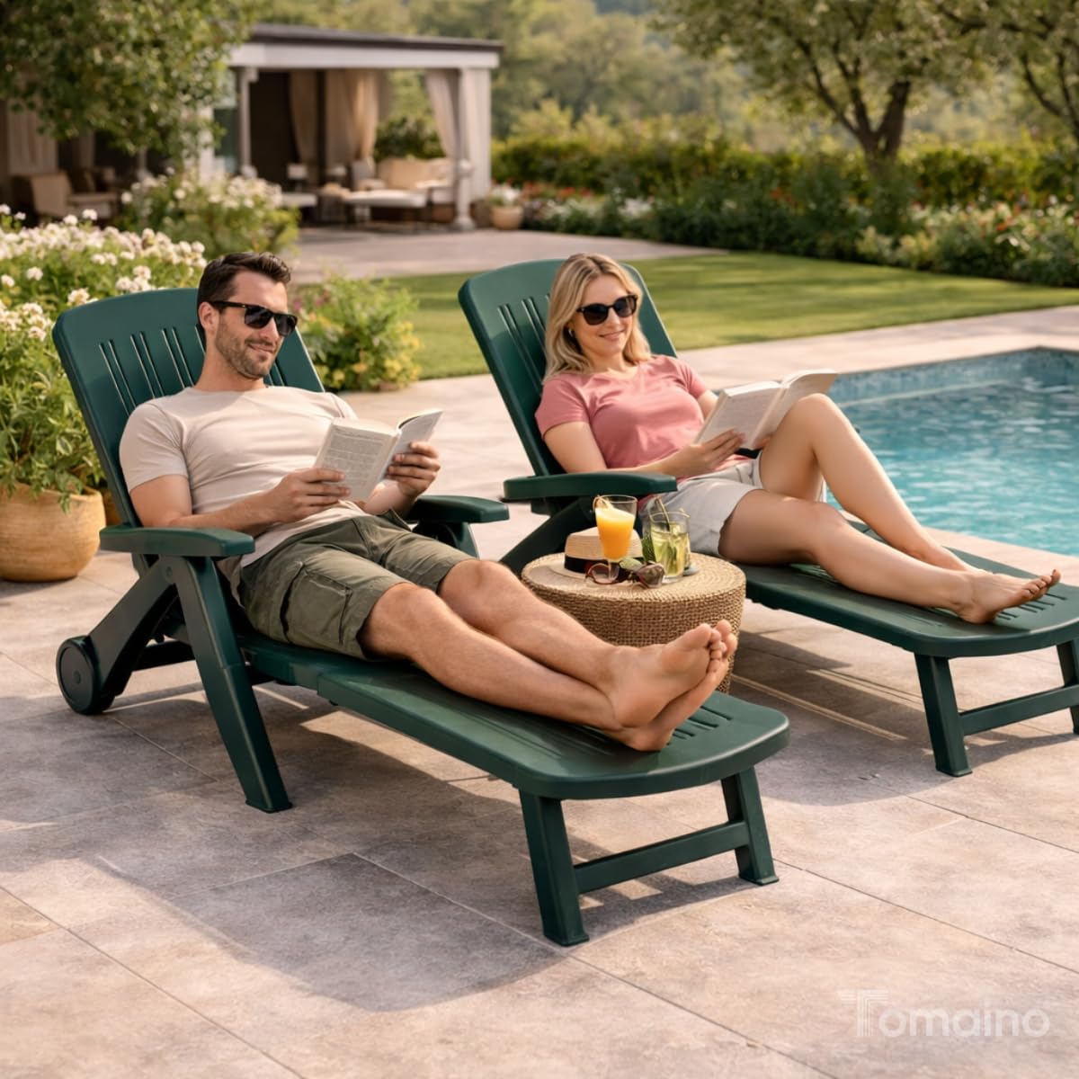 Tomaino - Sonnenliege aus Kunststoff für den Garten - Rückenlehne neigbar, klappbar mit Rädern - Camping, Strand, Pool, für den Außenbereich (grün)