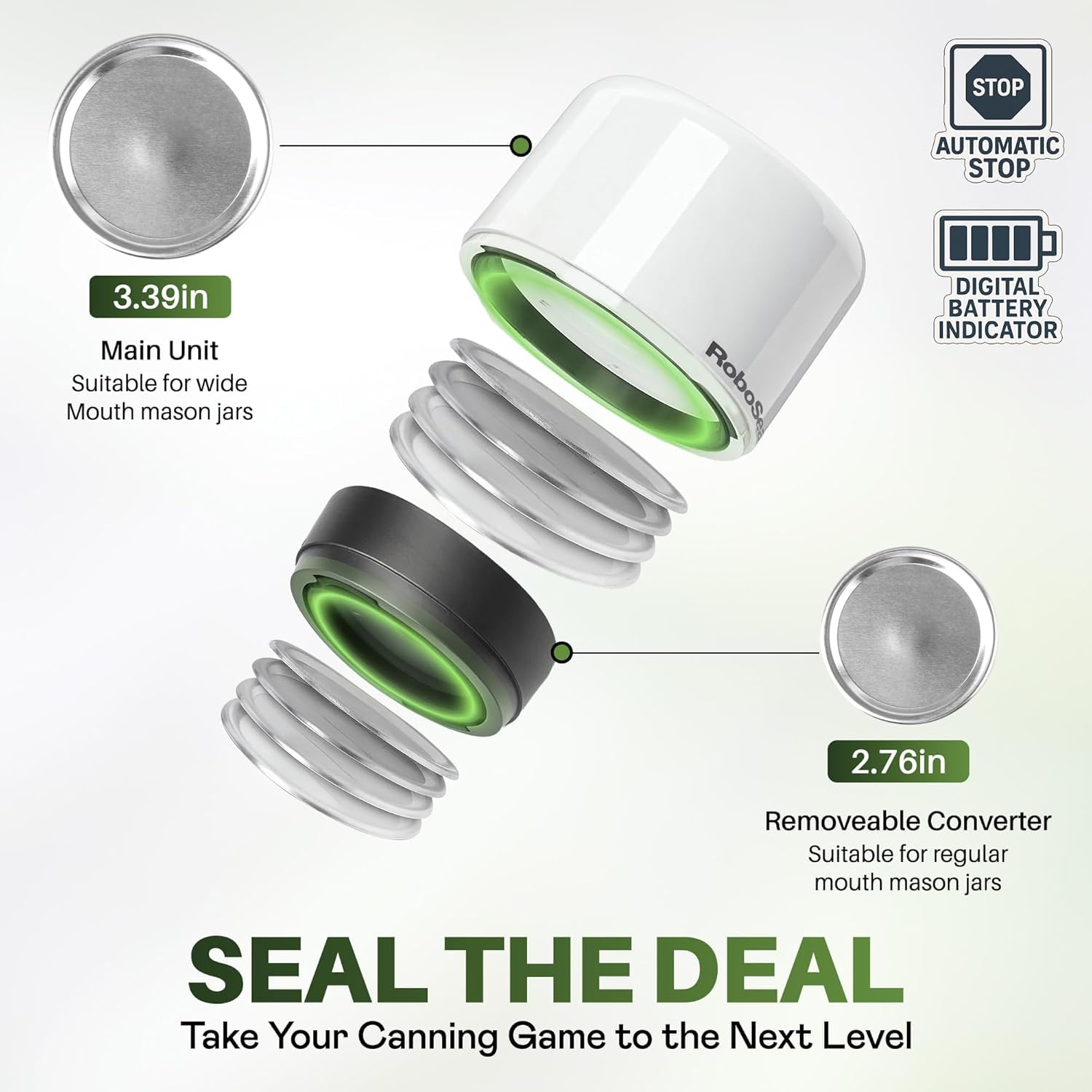 RoboSeal Machine à emballer sous vide rechargeable pour bocaux Mason Jar à ouverture large et régulière, fonctionnement One Touch, 10 couvercles et ouvre-bocaux inclus, indicateur de batterie