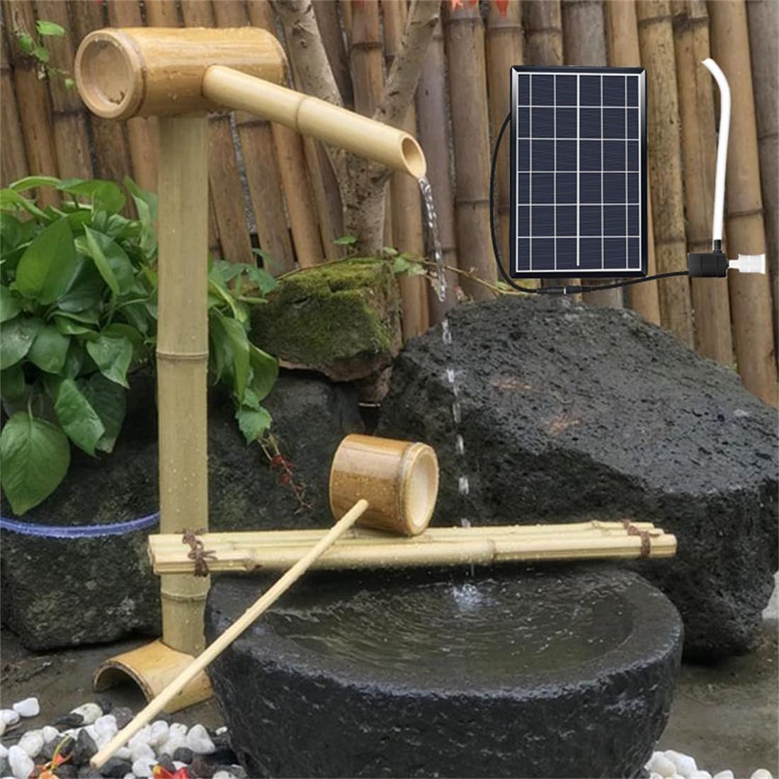 Syluoqp Natural Bamboo Outdoor Solar Bamboo Fountain, Bamboo Accents Water Fountain & Pump & 6W Solar Panel & Water Filter & 2M Water Tube,Feng Shui Zen Fountain,60Cm