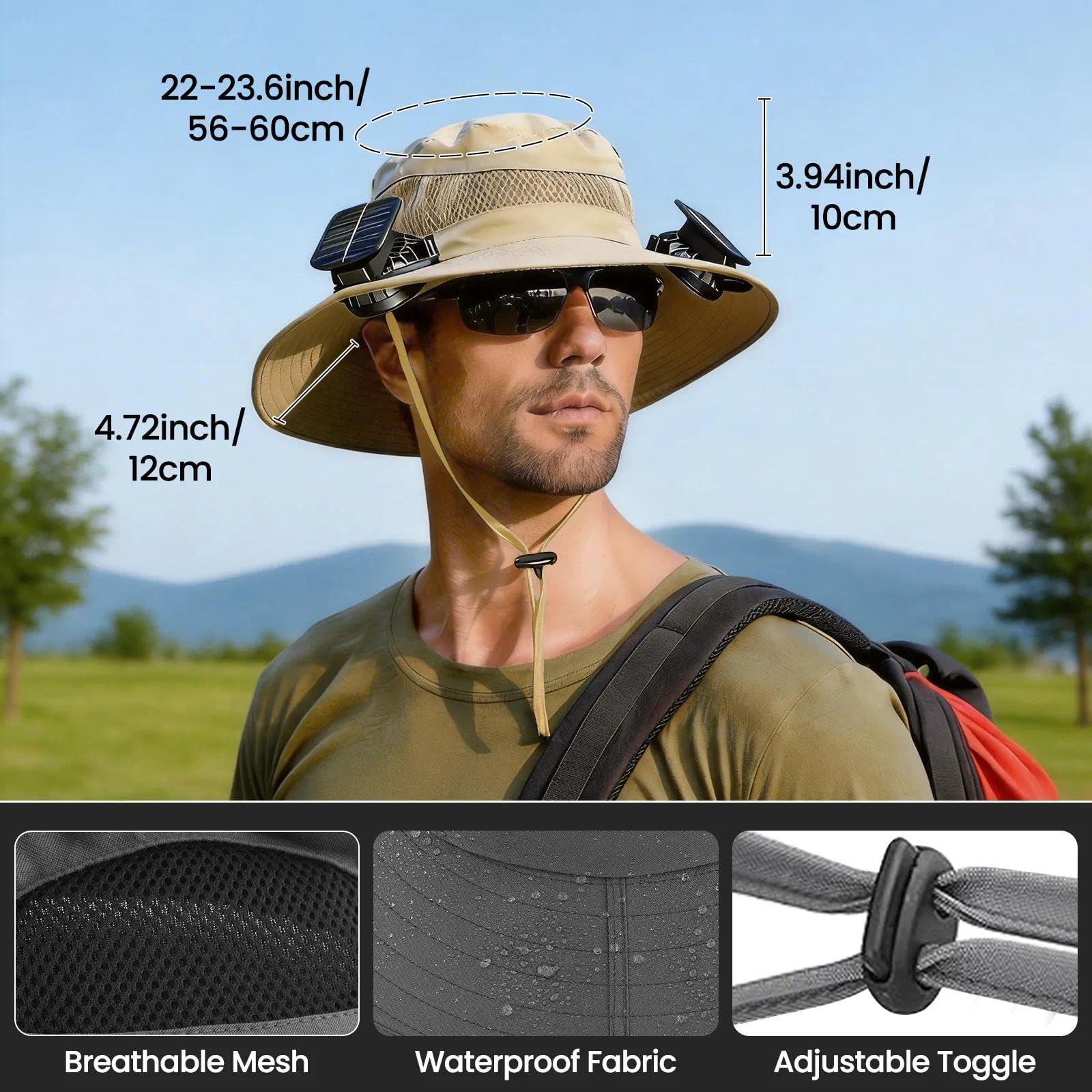 Cappello a ventaglio solare per uomini e donne, cappello rinfrescante con doppia ventola, tesa larga, protezione solare UPF 50+, pesca all'aperto, escursionismo, giardinaggio