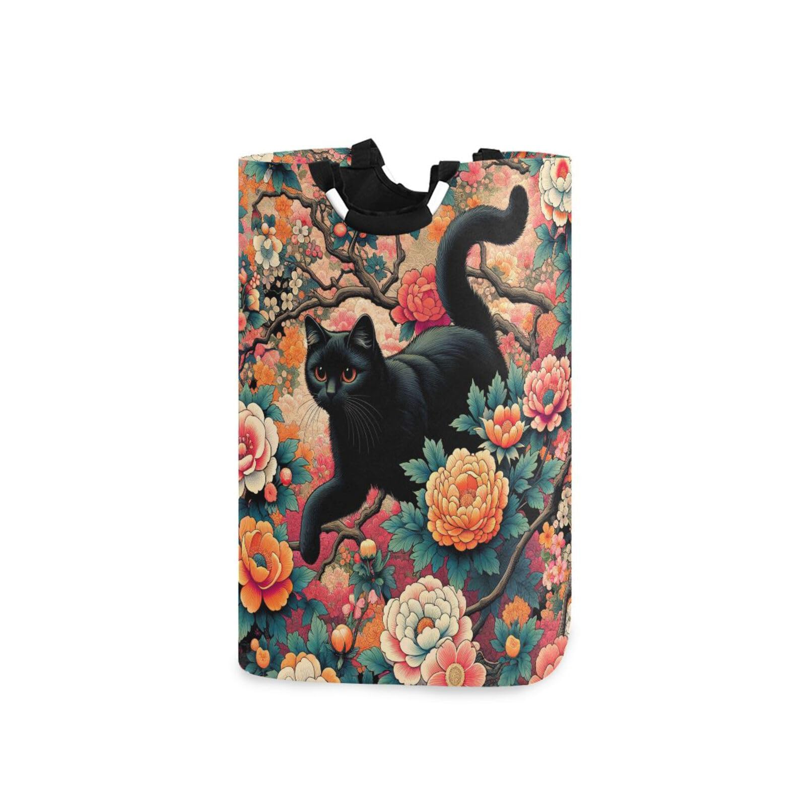 Jihqo Laundry Hamper Basket Black Cat and Japanese Flowers Collapsible Nursery Storage Bin Waterproof Clothing Baskets for Home Bedroom Bathroom Washing Room