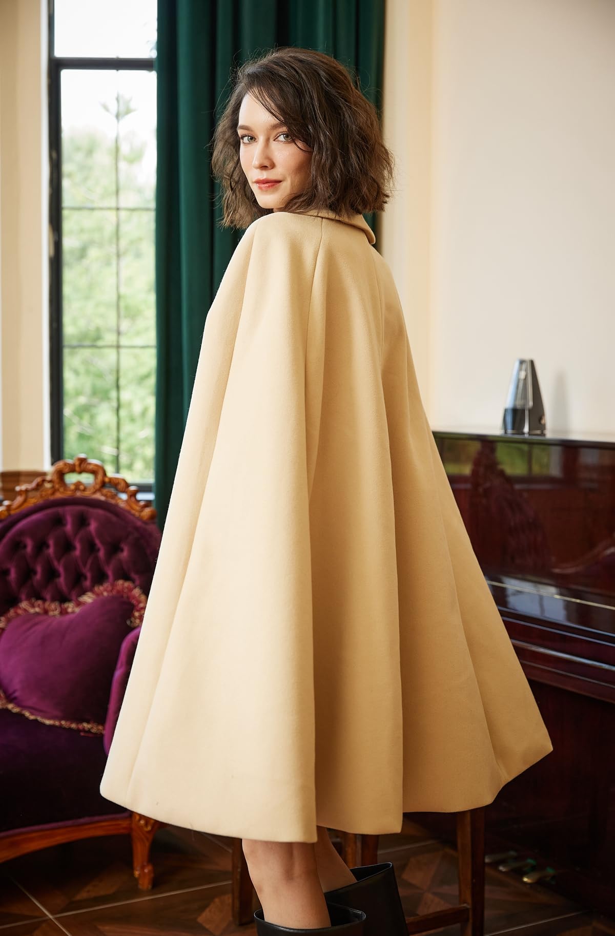 BEAUTELICATE Cape Manteau Court en Laine Mélange Tartan Poncho Chic Vintage Veste de Léopard Chaud pour Femme Soirée Mariage Quotidien de Hiver Automne Noël Halloween Deguisement avec Poches Bouton
