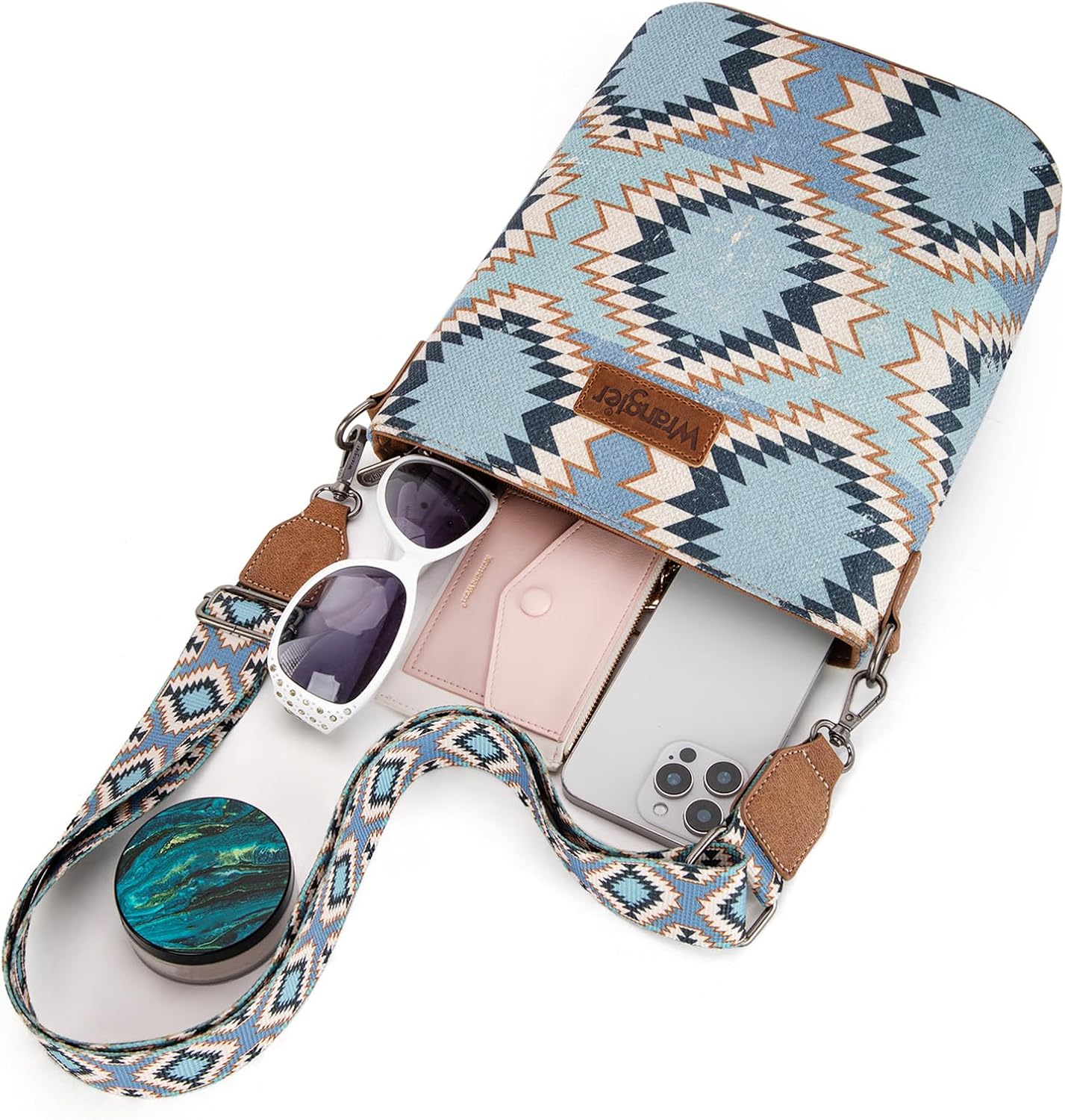 Wrangler Aztec Crossbody Bags for Women Southwestern Print Canvas Shoulder Purse with Distressed Look and Adjustable Strap