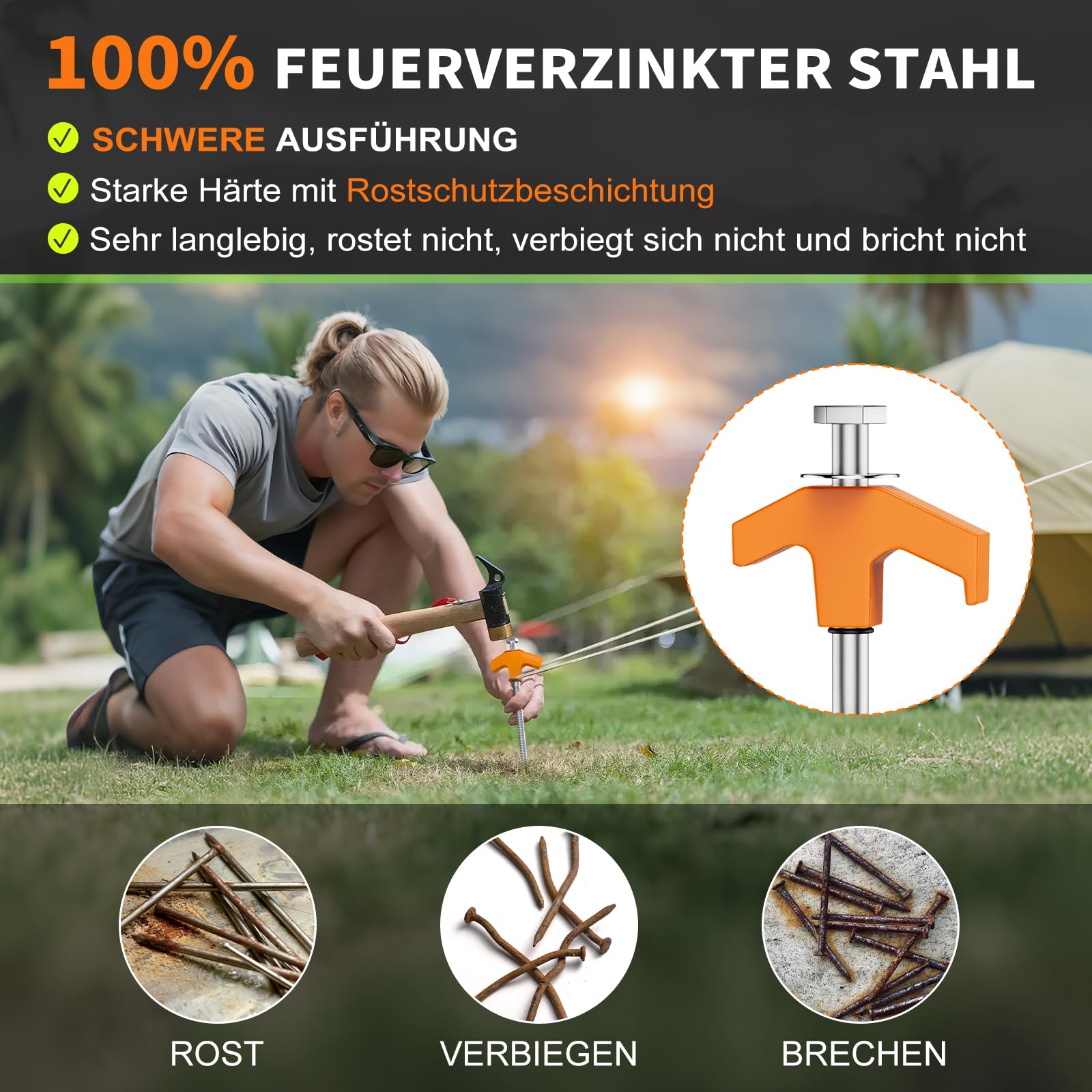Zeltheringe, 24x Heringe Erdnägel Stabil mit Box, Stark Zeltheringe Sturmsicher mit Gewinde, Anti-ROST Camping Heringe Zelt für Harten Boden, Gras, Sandboden,Wald, Wiesen, Orange