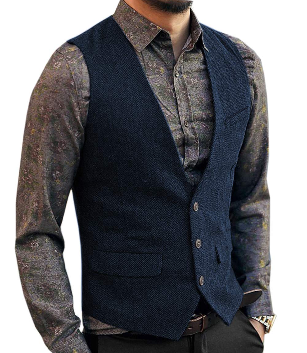 AeoTeokey Men's Tweed Vintage Suit Vest Casual Herringbone Wool Wedding Groomsmen Waistcoat(XL,Navy)