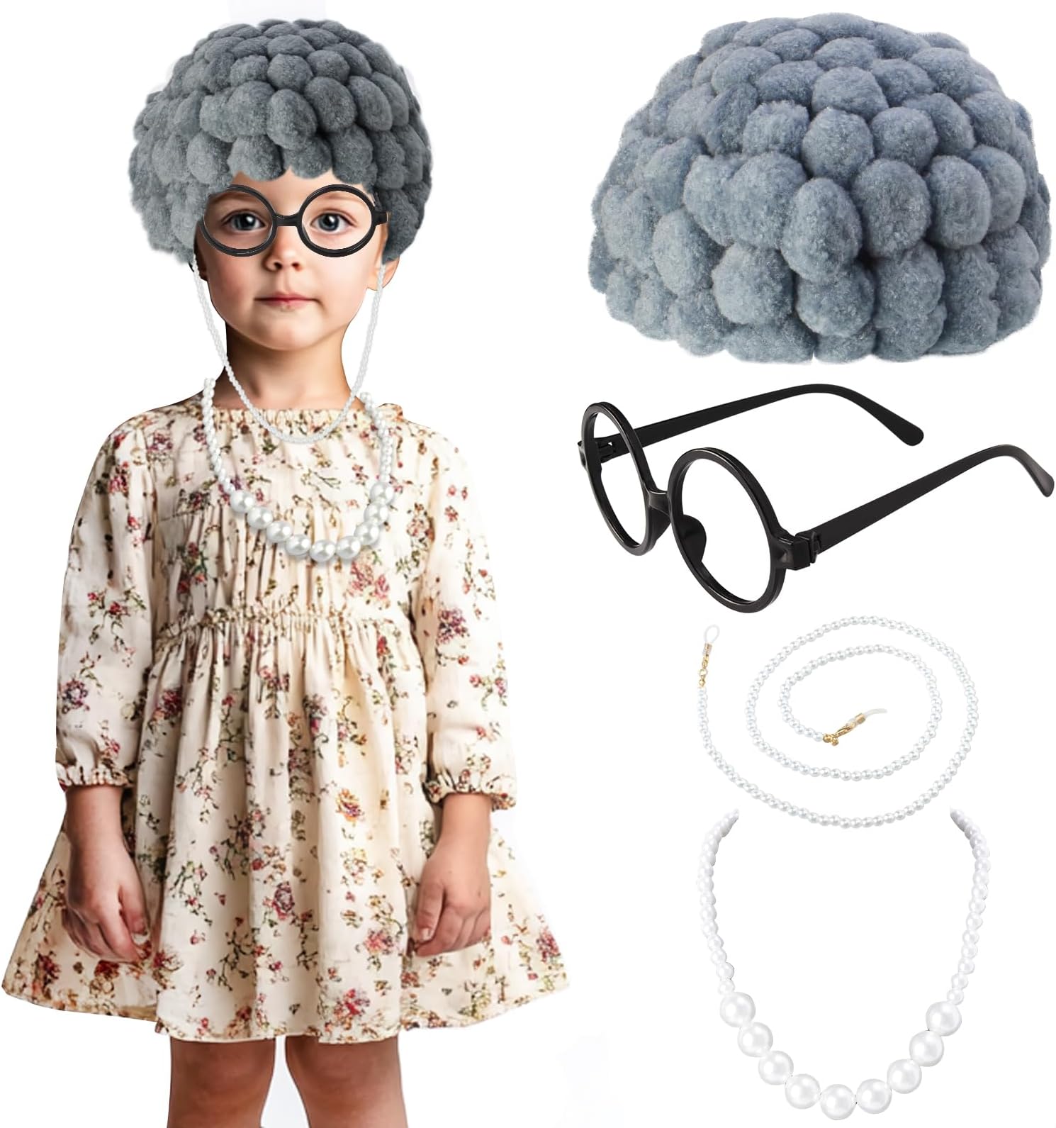 Kids Old Lady Costume Set Old Granny Wig Halloween100th Day Of School for Kids 3-8