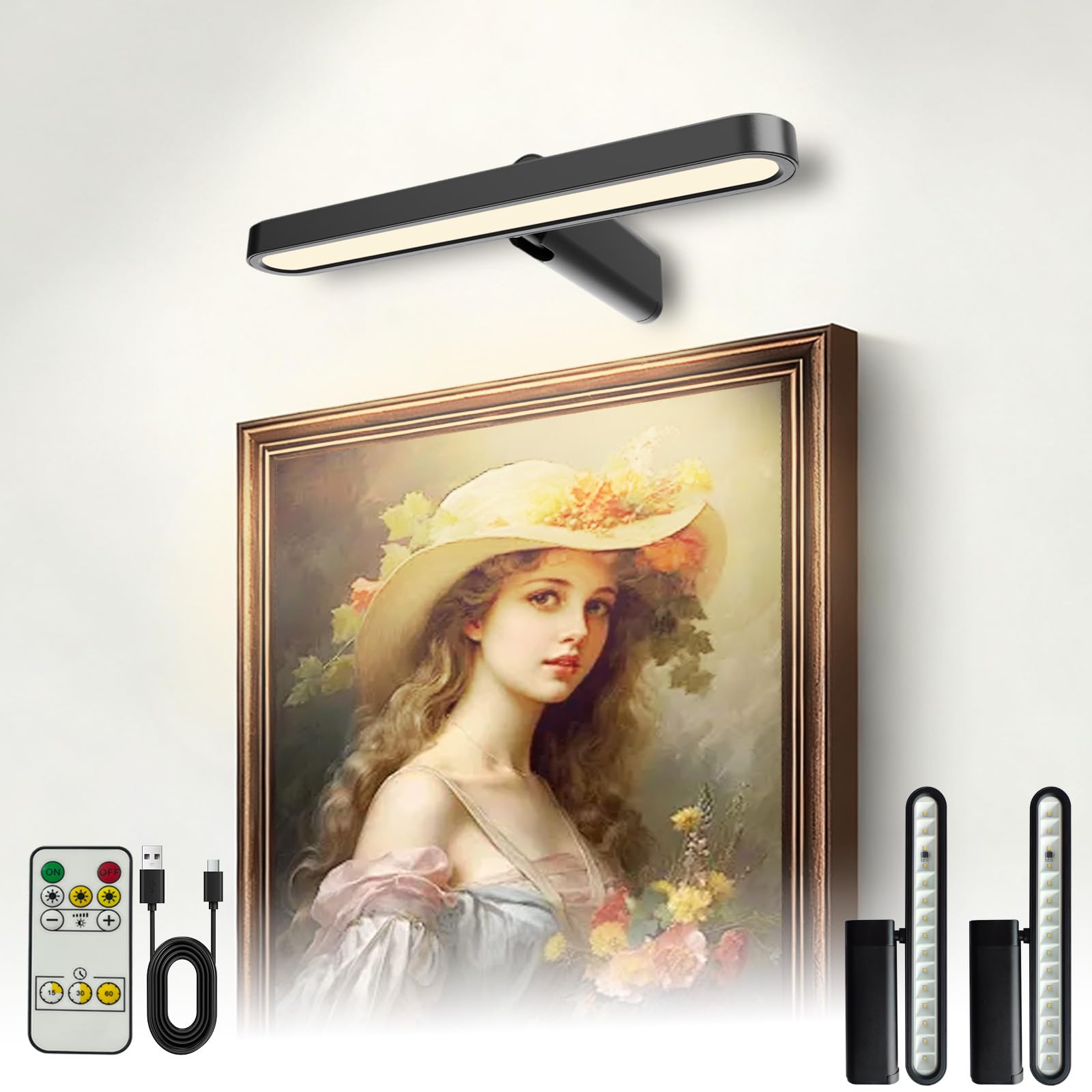 Picture Lights for Wall Battery Operated 4800mAh, 10inch Rechargeable Display Light with Remote/Rotatable, Dimmable/3CCT LED Art Cordless Lamp for Painting/Gallery Artwork/Portraits/Frame/Poster 2Pack
