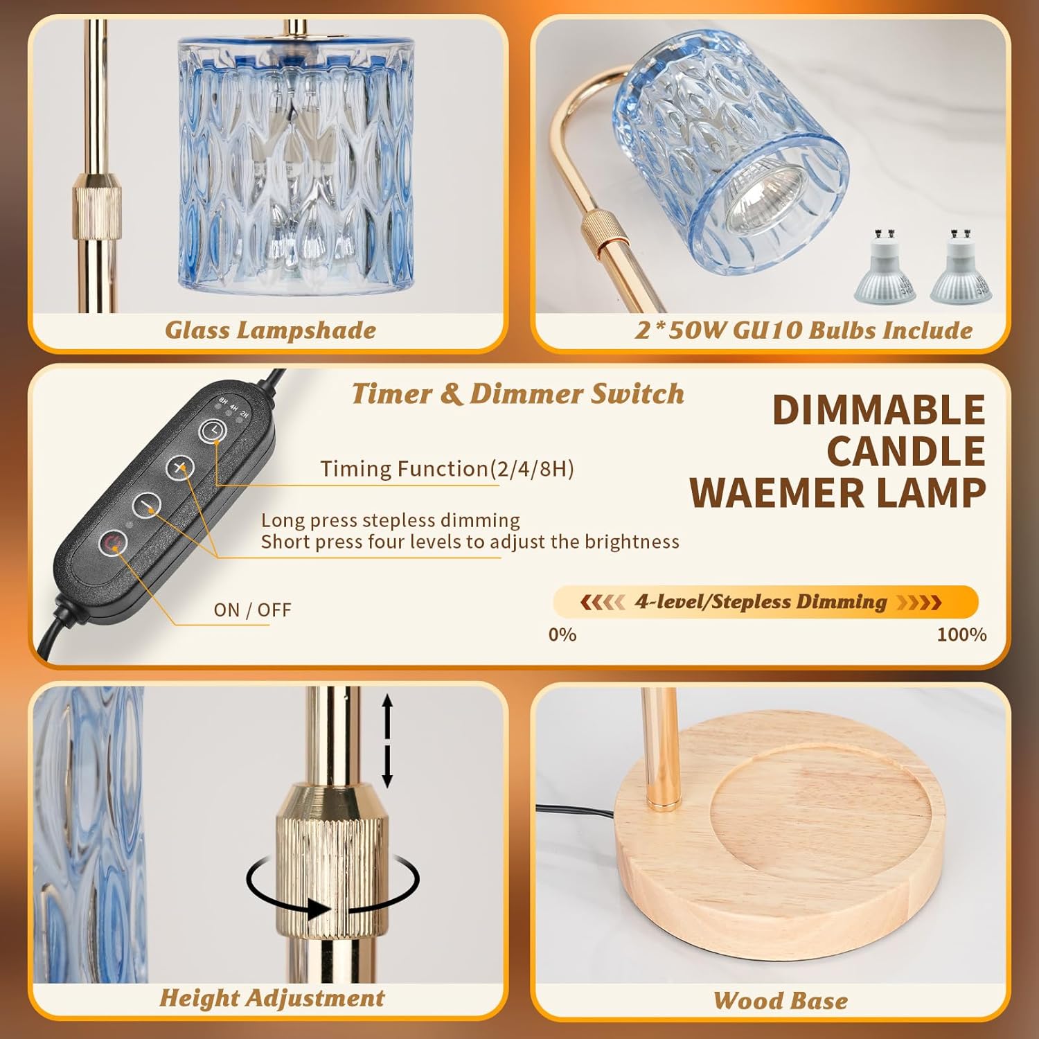 HAIDOLIANG Candle Warmer Lamp with Timer and Dimmer, Height and Brightness Adjustable,Glass Electric Wax Warmer with 2 Bulbs for Women Mom Gifts, Home Decor for Scented Jar Candles (Blue)
