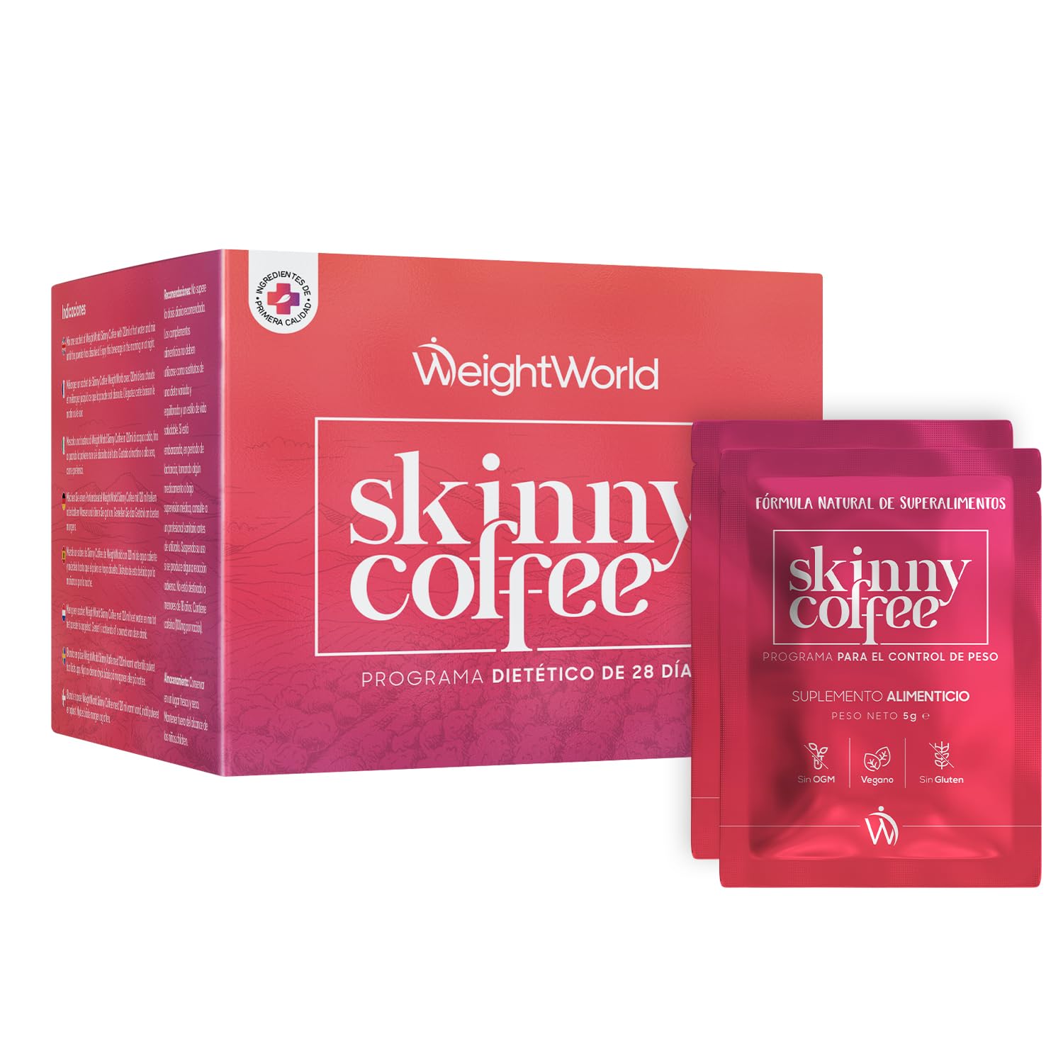 Cafe Soluble Arábica Skinny Coffee Programa Dietético de 28 Días - Con Cafe Verde, L-Carnitina, Guaraná y Té Verde, Chlorella, Fórmula Vegana y Natural de Café Instantáneo, Sin OGM ni Gluten