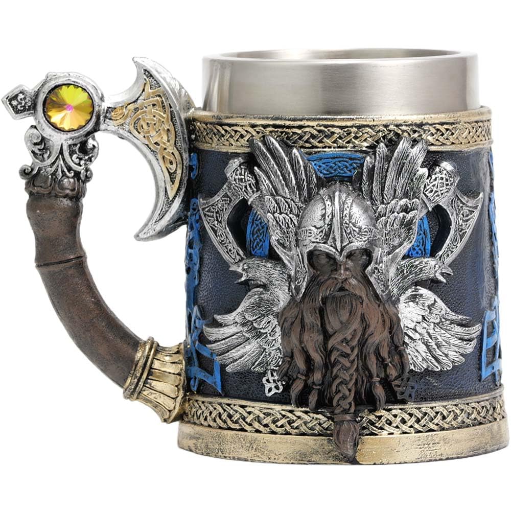 ZONSUSE Viking Warrior Tankard, Vikings Axe Beer Mug, Norse Mythology Stainless Steel Beer Stein, Viking Gifts for Men Birthday Father‘Day Easter Christmas Party Decor 600ml (Warrior)