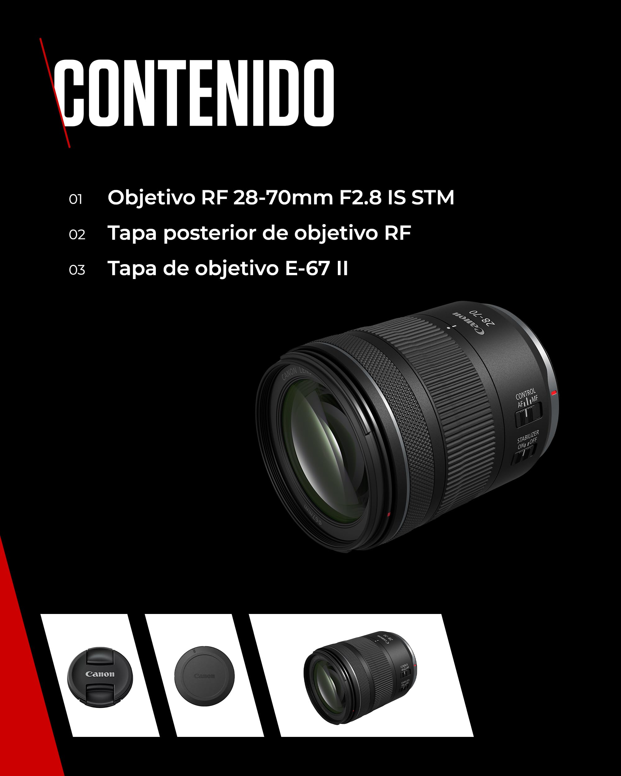 Canon Objetivo zoom estándar RF 28-70mm F2.8 IS STM para cámaras del sistema EOS R con estabilizador de imagen de 5,5 pasos sellado contra las inclemencias meteorológicas y un diseño compacto y ligero