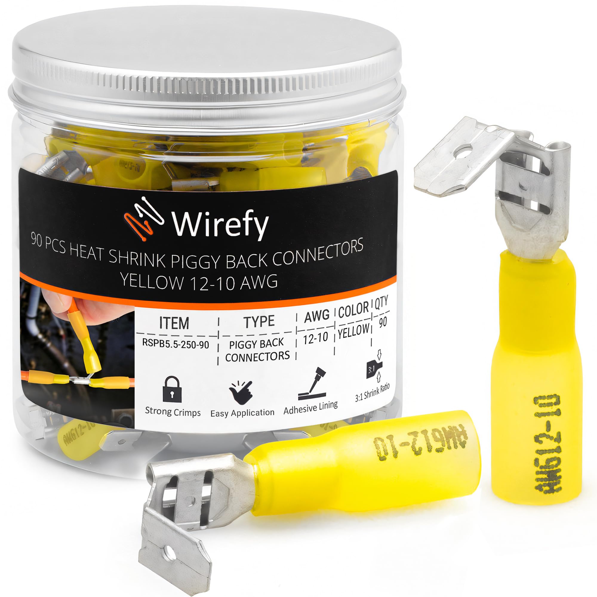 Wirefy Yellow Heat Shrink Connectors Flat Connector with Branch Insulated - Cable Lugs Blade Receptacles Assortment - Crimp Connector Car - 4-6 mm² - 90 Pieces