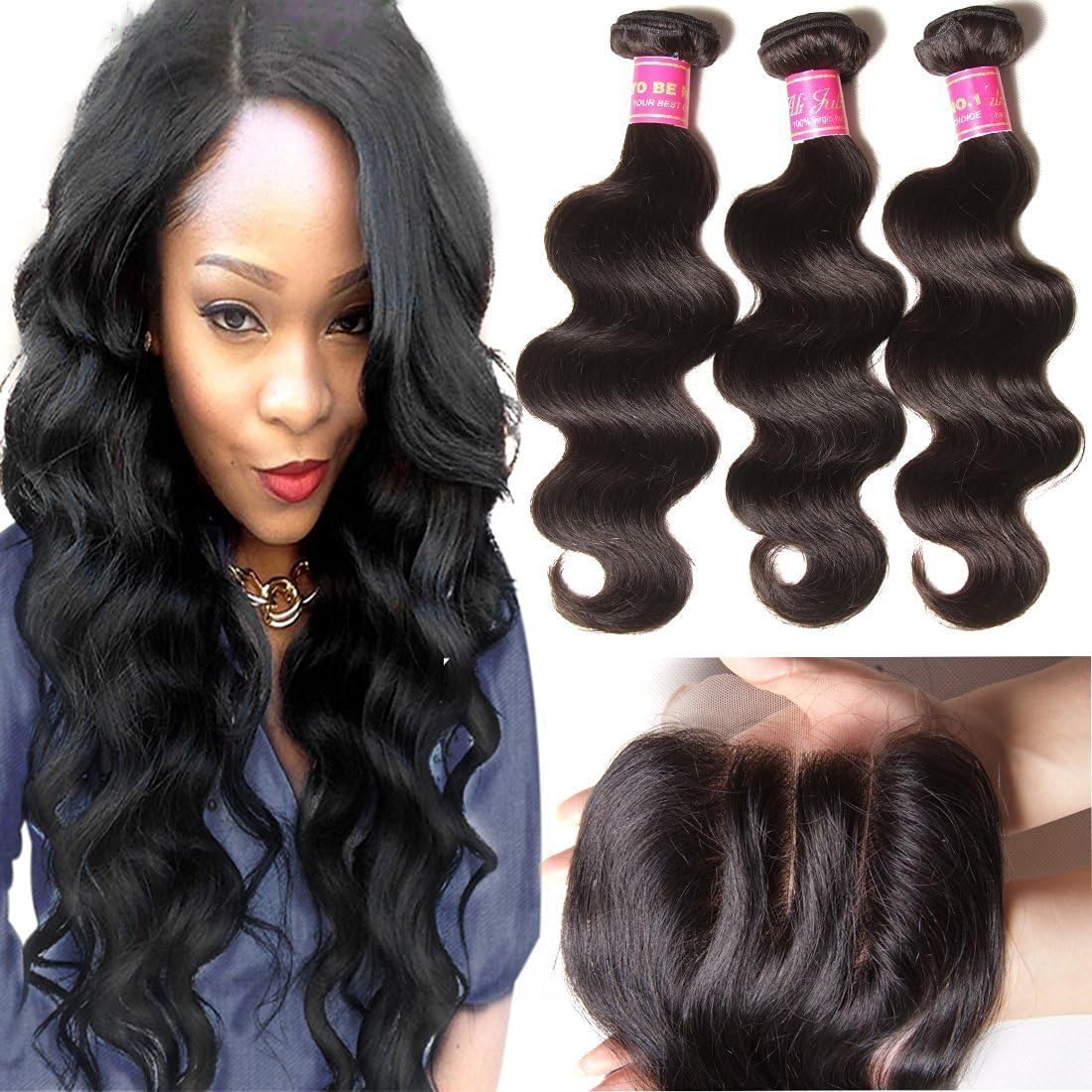 ALI JULIA 10 12 14+10 Inch Brazilian Virgin Body Wave Hair Weft 3 Bundles with 1PC 4 * 4 Three Part Lace Closure 100% Unprocessed Human Hair Weave Extensions Natural Color