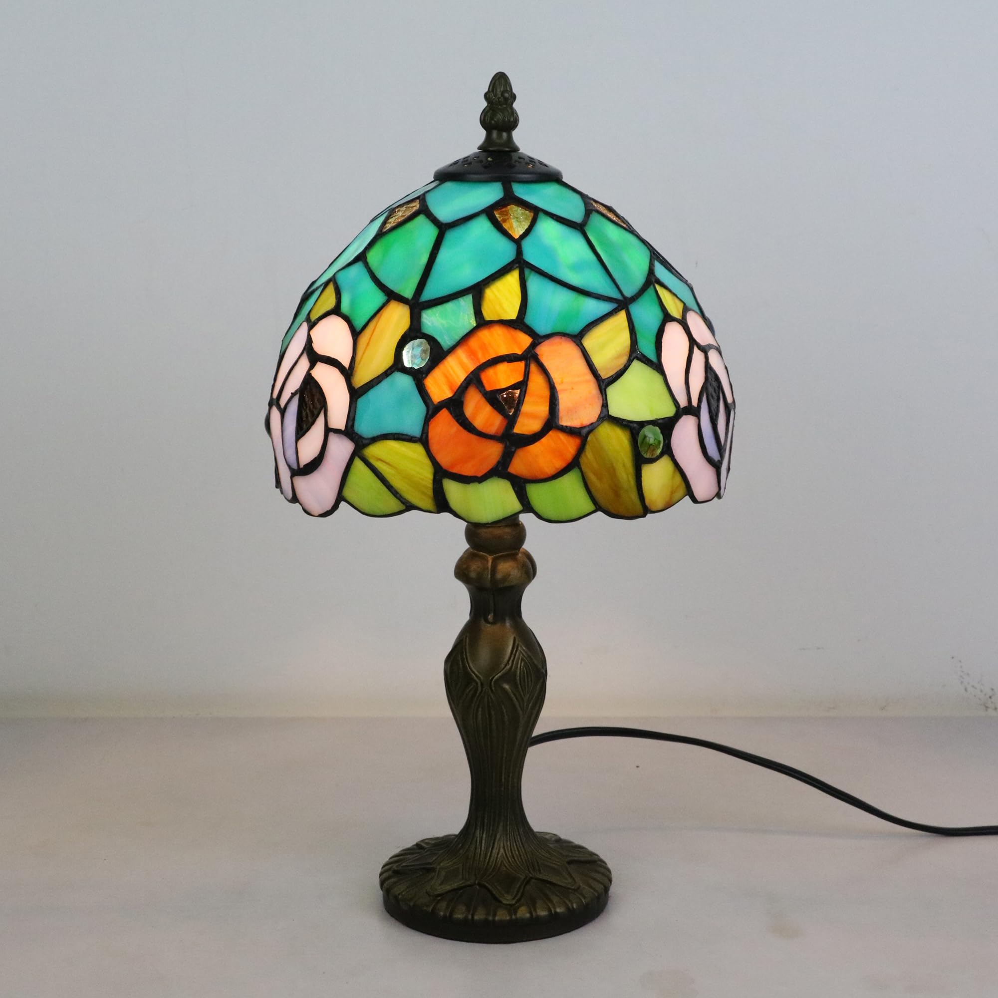 Lampada in Stile Tiffany Fiori di Rosa, Lampada da tavolo, per Soggiorno Camera da letto Tavolino da caffè, Lampadina E14 [Senza lampadine]
