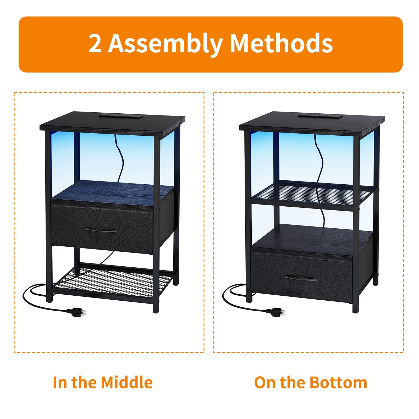 Mesita de noche con estación de carga, mesa auxiliar LED con cajones de tela con acabado de poliuretano, mesas auxiliares para dormitorio, mesita de noche, color negro 6