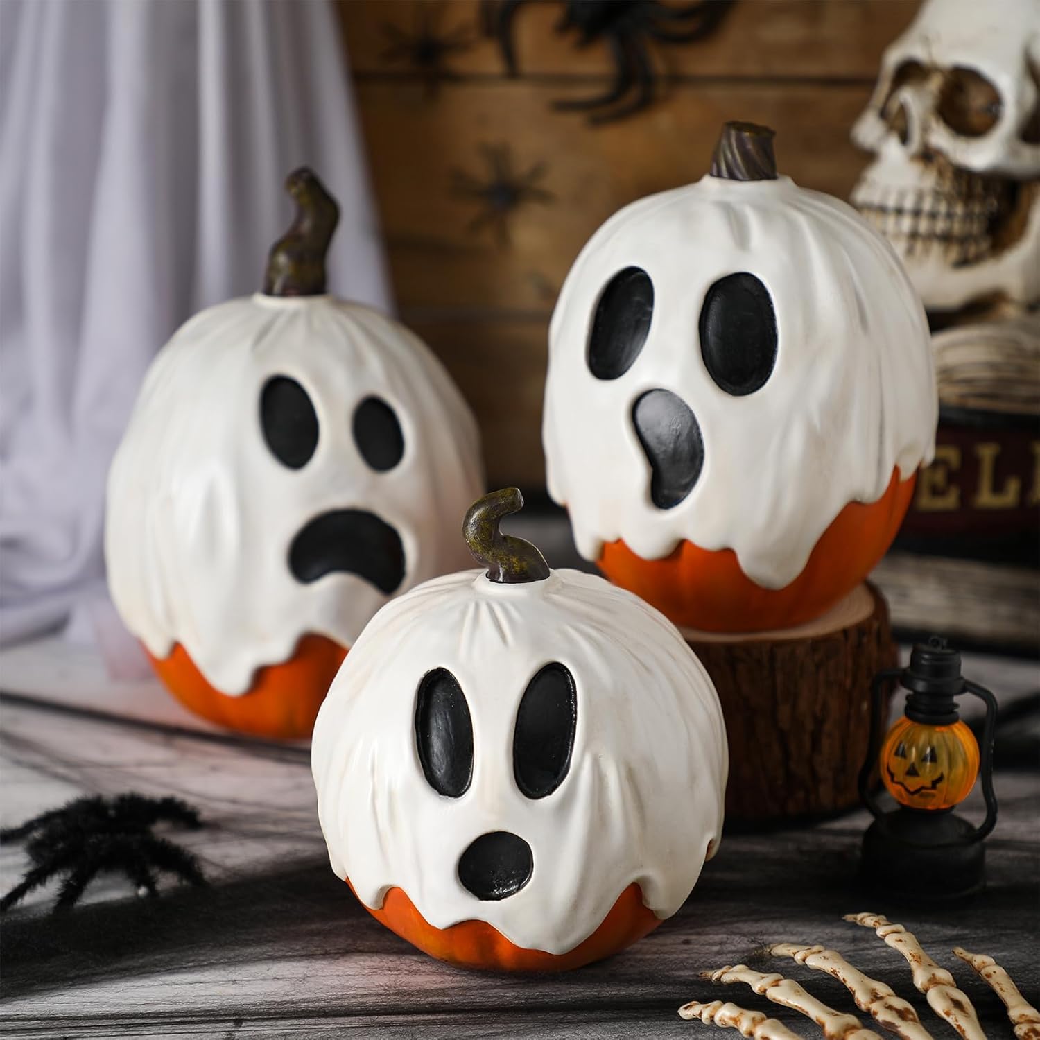 3 Pcs Halloween Ghost Pumpkins Figurines Table Decorations 5.91" 3.94" and 5.12" Resin Pumpkins Statue Tabletop Signs Halloween Decor for Party Shelf Mantel Centerpieces Indoor