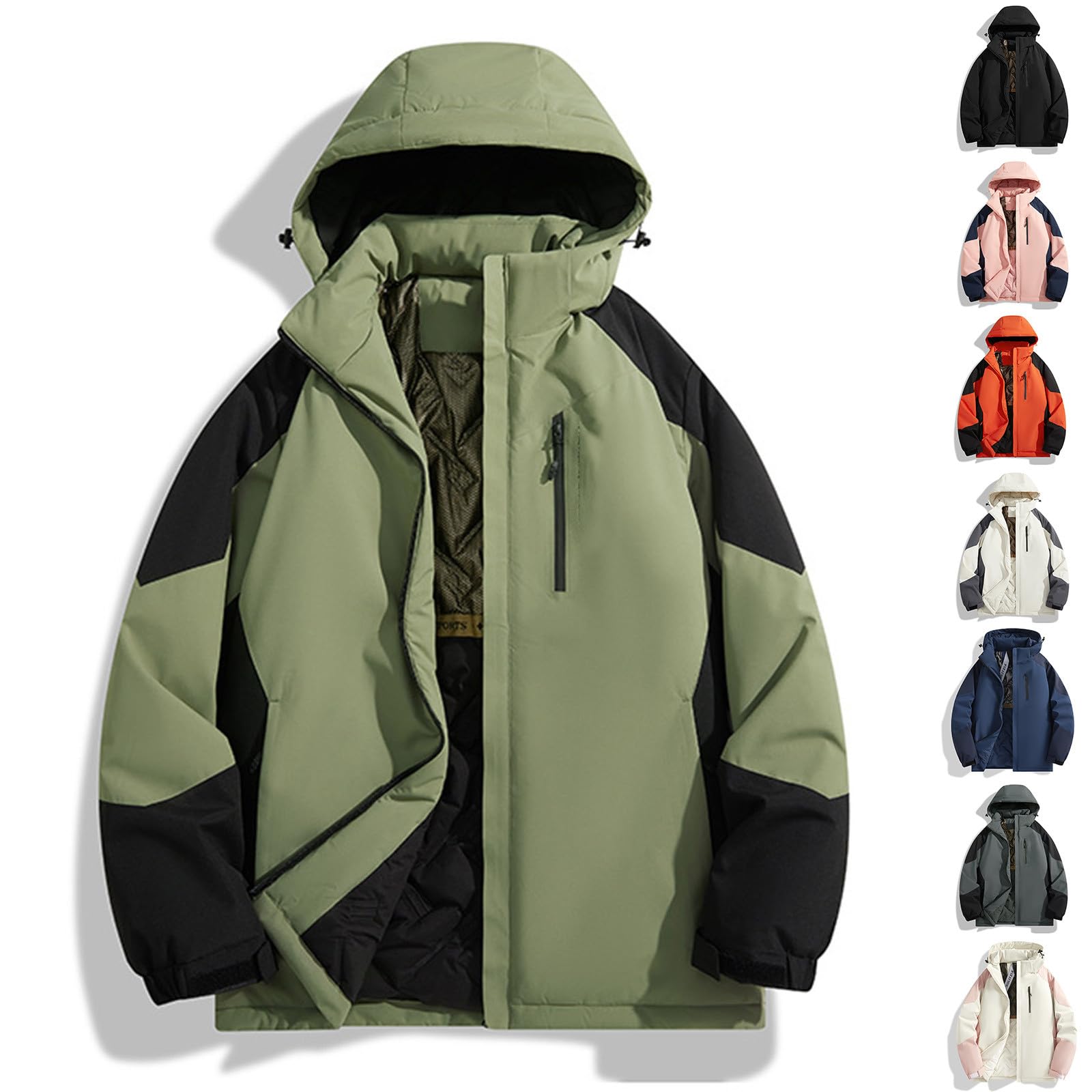 Generisch Piumino da uomo ispessito, antivento, giacca da sci con cappuccio, giacca termica invernale, oversize, blocco colorato, giacca da snowboard, da uomo, unisex