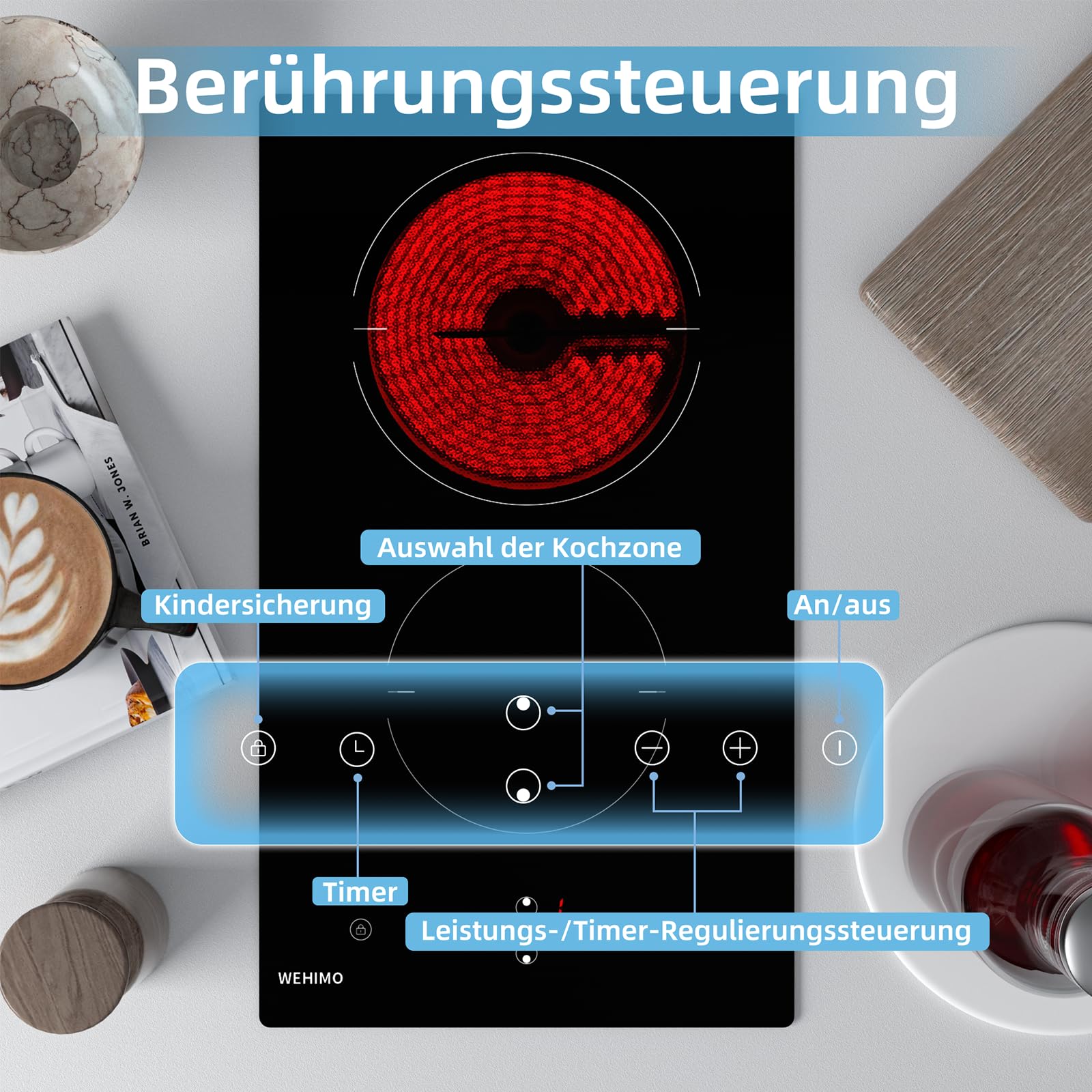 WEHIMO Glaskeramikkochfeld 2 Platten 3000W 29.5cm Domino Kochzonen Berührungssteuerung Kindersicherung Timer