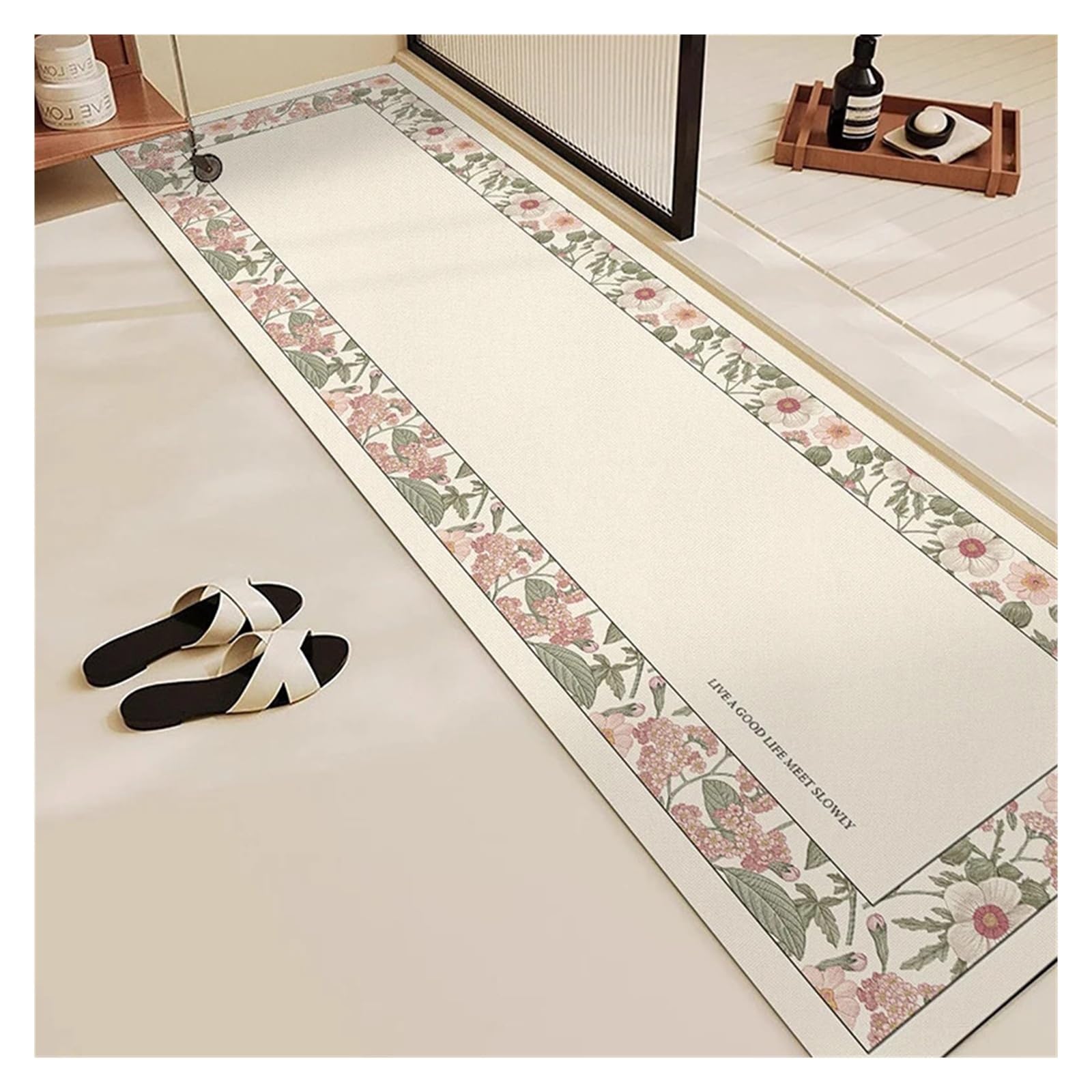 Tapis pour salle de bain et zone douche fleuri rose ambiance spa