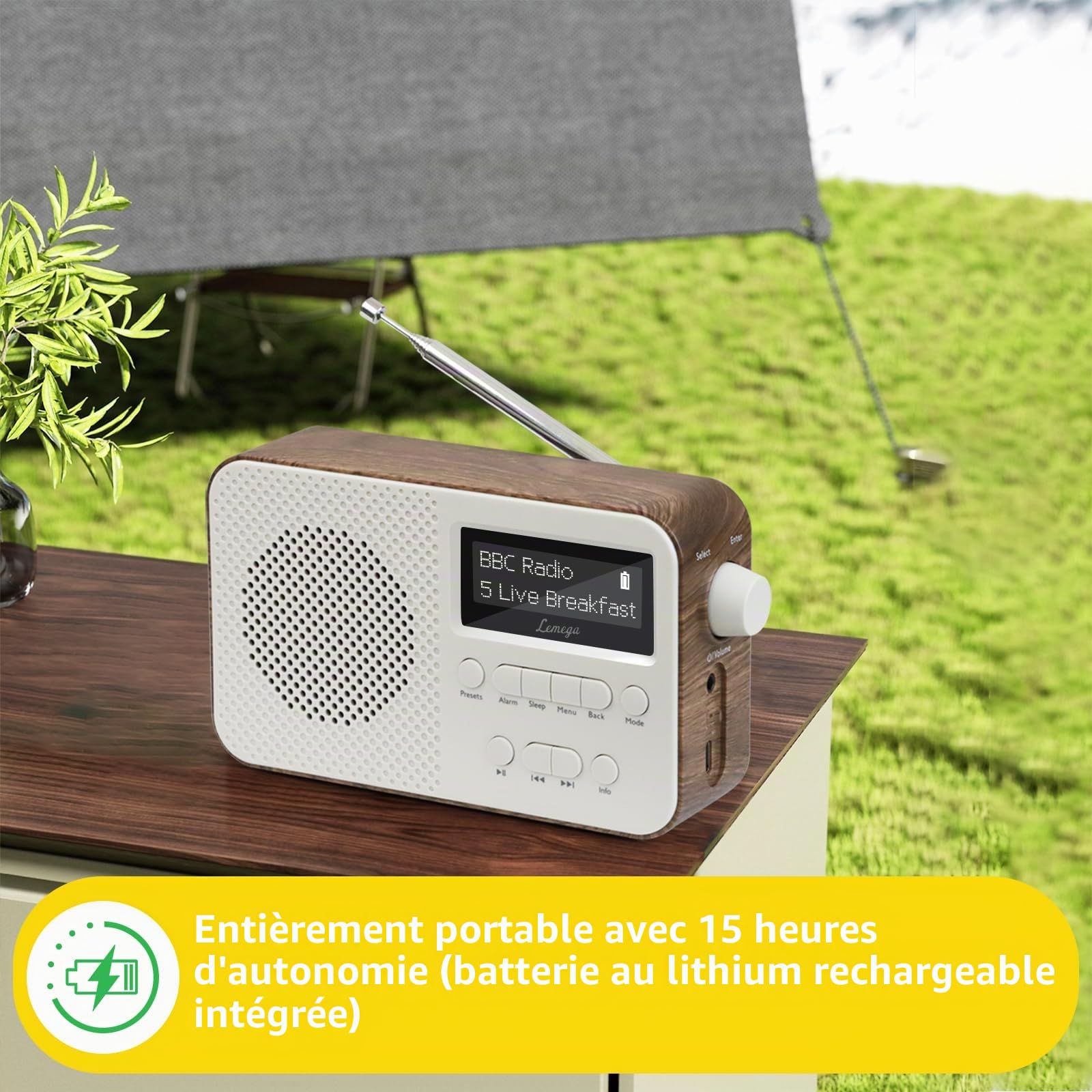 PR2-Max Radio numérique Dab Portable (Dab+,FM, Bluetooth 5.3,Batterie Rechargeable,Double Réveil,Snooze,40 Présélections,Minuterie de Mise en Veille,Petit) Idéale pour Cuisine ou Déplacement, Walnut