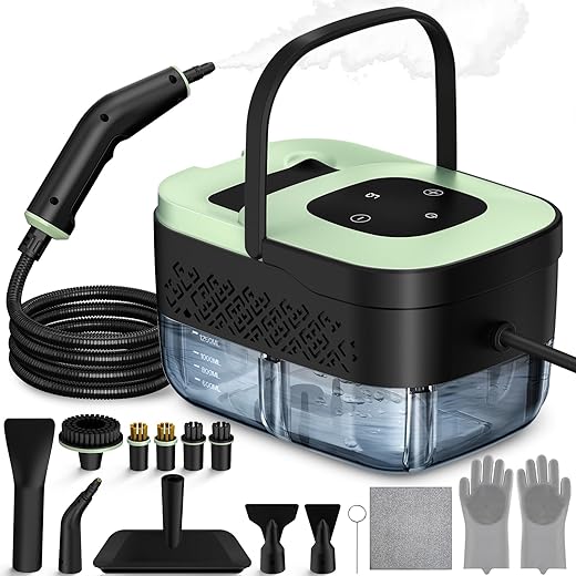 Steam Cleaner, Portable Steamer for Cleaning with 16pcs Accessories, 6-Level Adjustable, 15s Heat-Up, Handheld Steam Cleaner for Home for Tile, Grease, Dirt, Grout, Car Detailing, Green