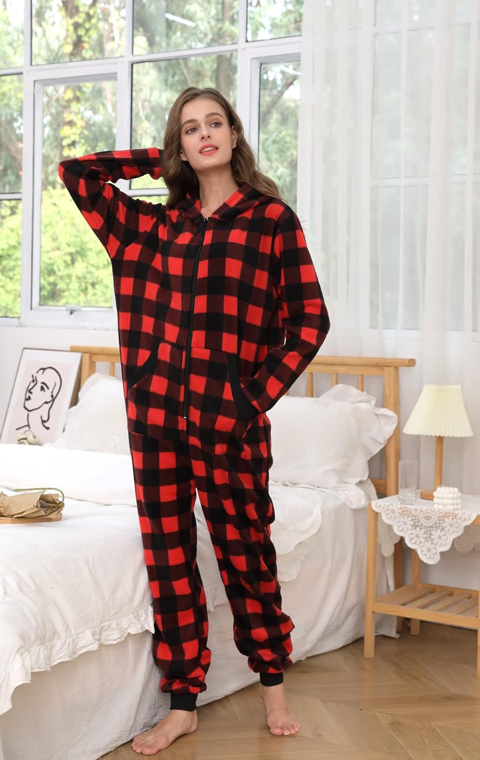 dressfan Unisex Pajamas Plaid Hooded Cozy Jumpsuit Zipper Onesie Christmas Pajamas for Family Couples Women Men - Image 2