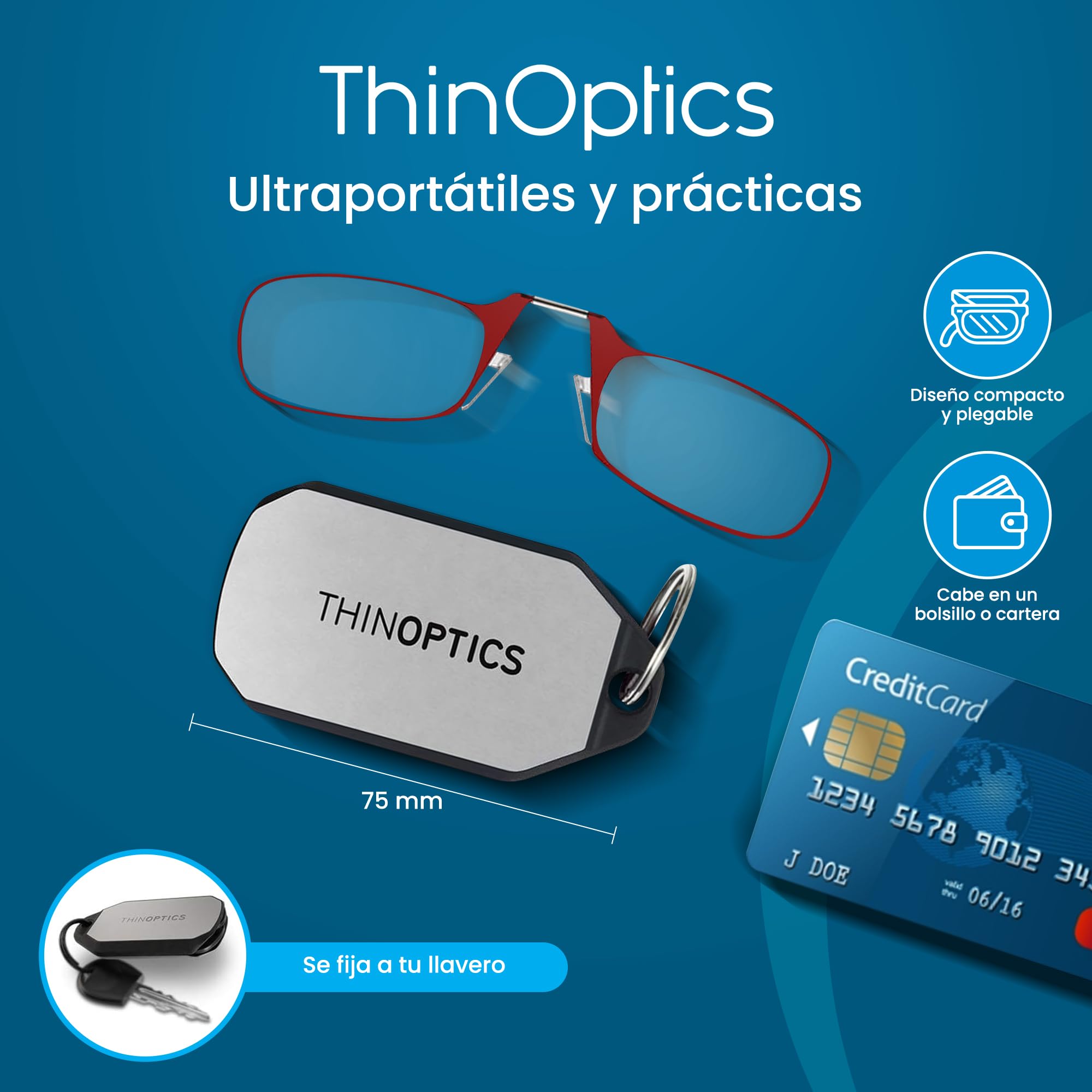 ThinOptics Gafas de Lectura Ultrafinas con Estuche Llavero – Gafas sin Patillas Compactas para Llevar en Llaves o Cartera – Portátiles, Ligeras y Resistentes, Siempre Contigo +1,00 +1,50 +2,00 +2,50