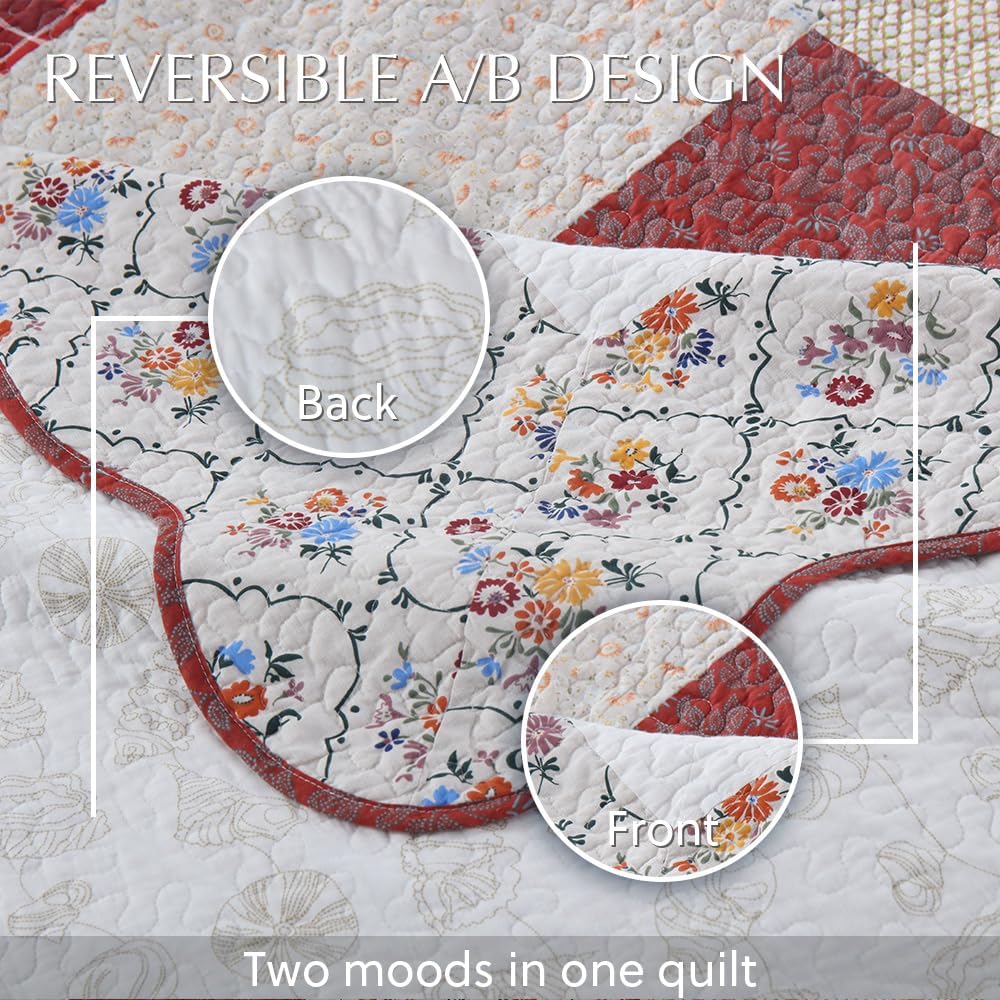 Cotton Bedspread Quilt Bedding Sets 3 Pieces Reversible Coverlet Sets Comforters Vintage Red White Rose Floral Patchwork Bedspread, Queen Size - Image 4