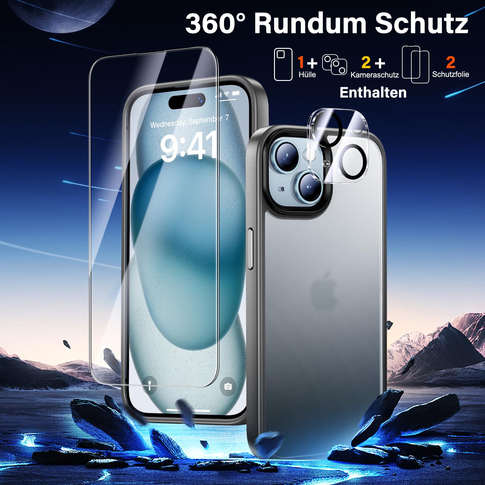 FLLAO 4 in 1 Cover per iPhone 15 Pro Custodia con 2 Pellicola Vetro Temperato e 1 Fotocamera Protettiva, [Cuscino d'aria integrato] Antiurto