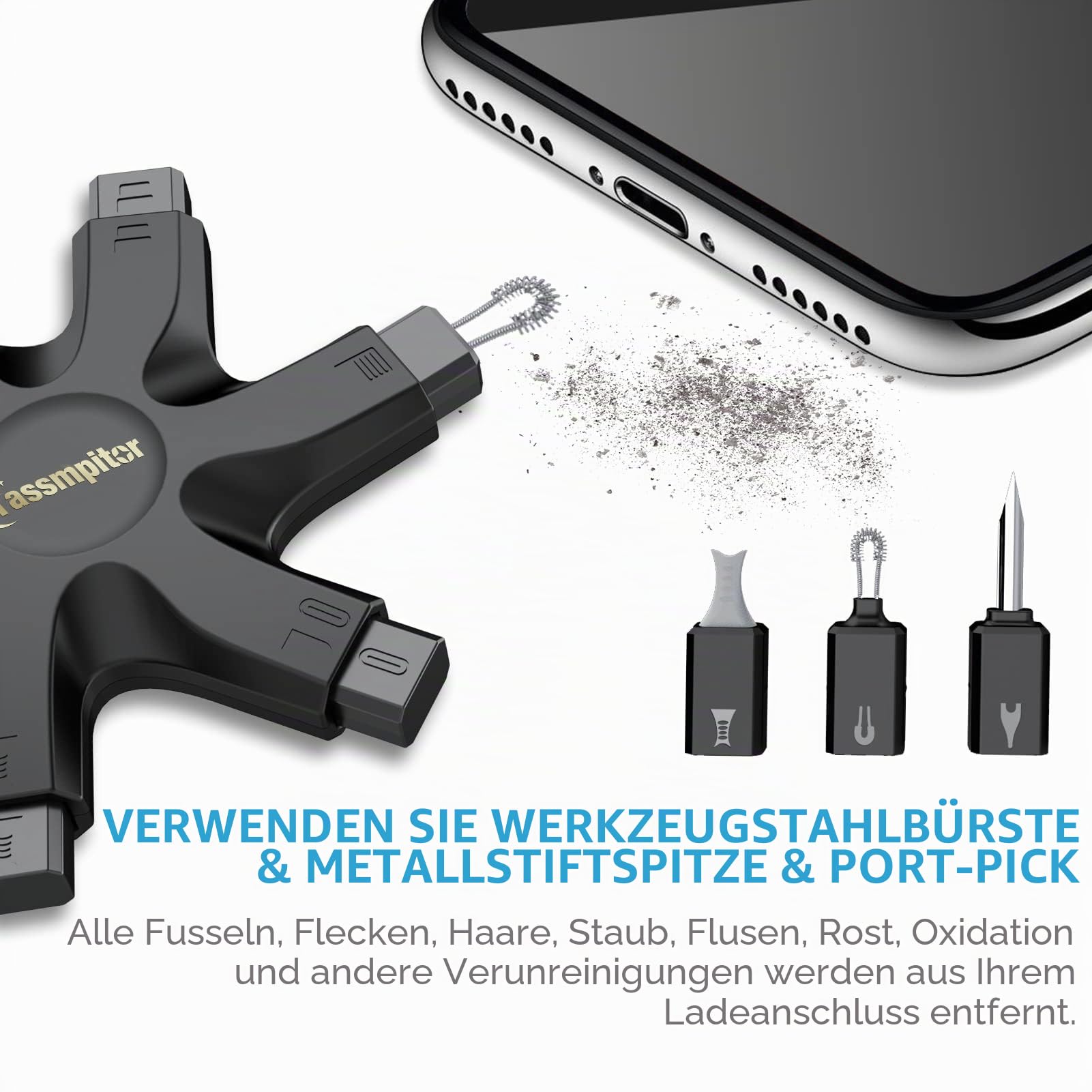 Handy Reinigungsset, iPhone Reinigungsset für Airpod iPhone, All-in-OnePhone Reinigungsset für Ladeanschluss Typ C, unzuverlässige Ladeverbindung mit Bürste reparieren