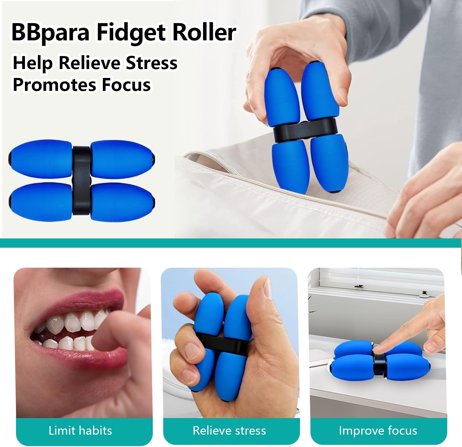 Handheld Fidget Roller (4-Spinner): Buttery-Silent Hand Fidget Toy for Adults , Anxiety Relief at Work, Home & On-The-Go ,Ergonomic & Oil-Infused Silicone,Blue