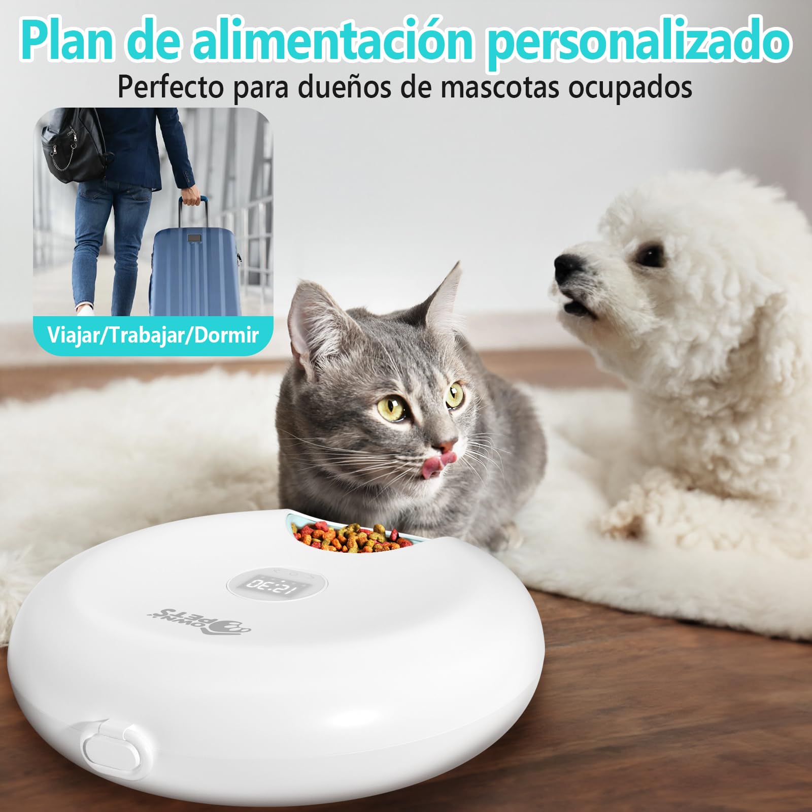 Ownpets Comedero Automático para Gatos y Perros, Dos Paquetes de Hielo para Mantener Comida Fresca, Temporizador Programable, 6 Comidas, Alimentación USB, para Comida Seca y Húmeda, Blanco