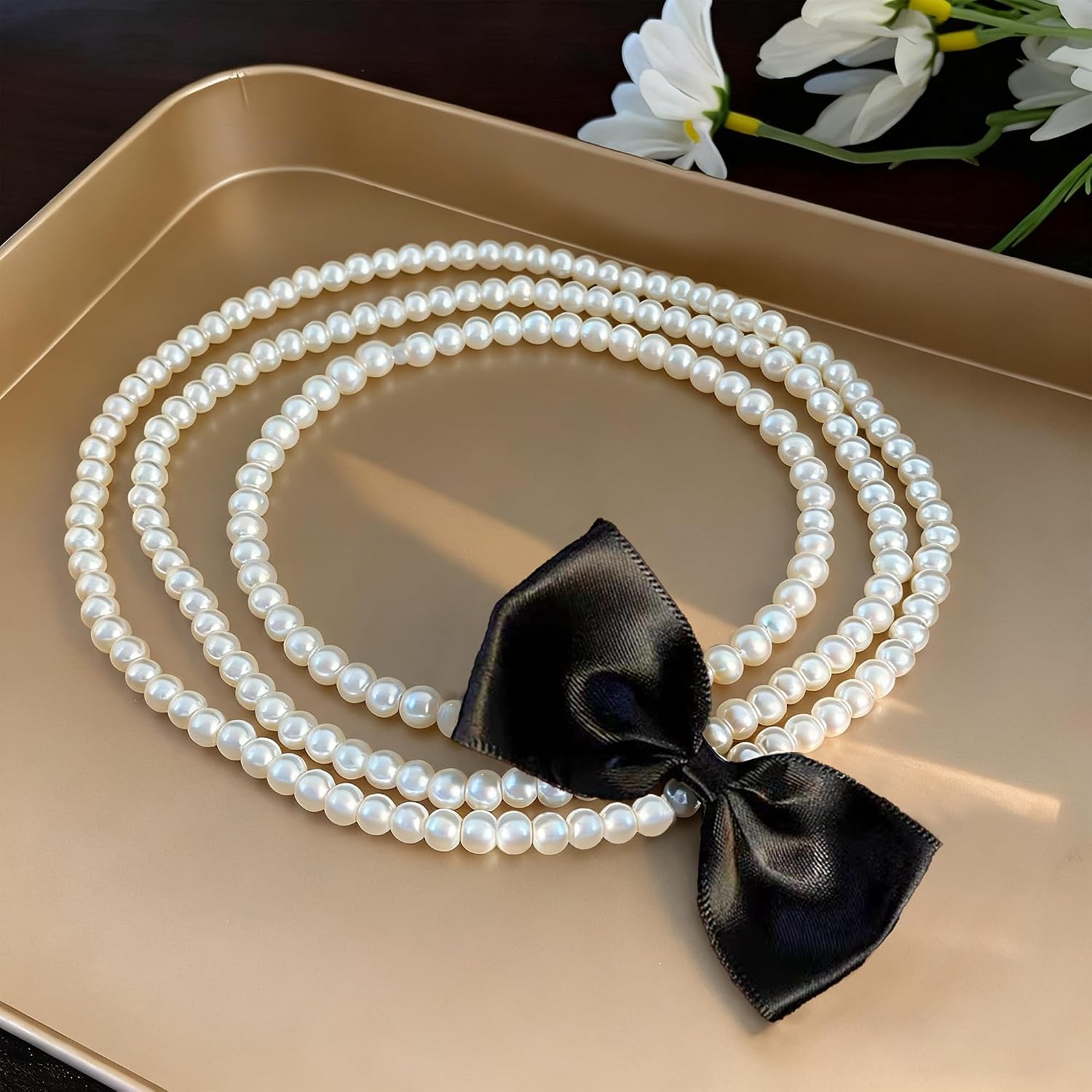 Long Pearl Necklace for Women 59" Faux White Pearls Necklaces Black Bow Pearl Beads Necklace 1920s Statement Bride Wedding Jewelry Gifts