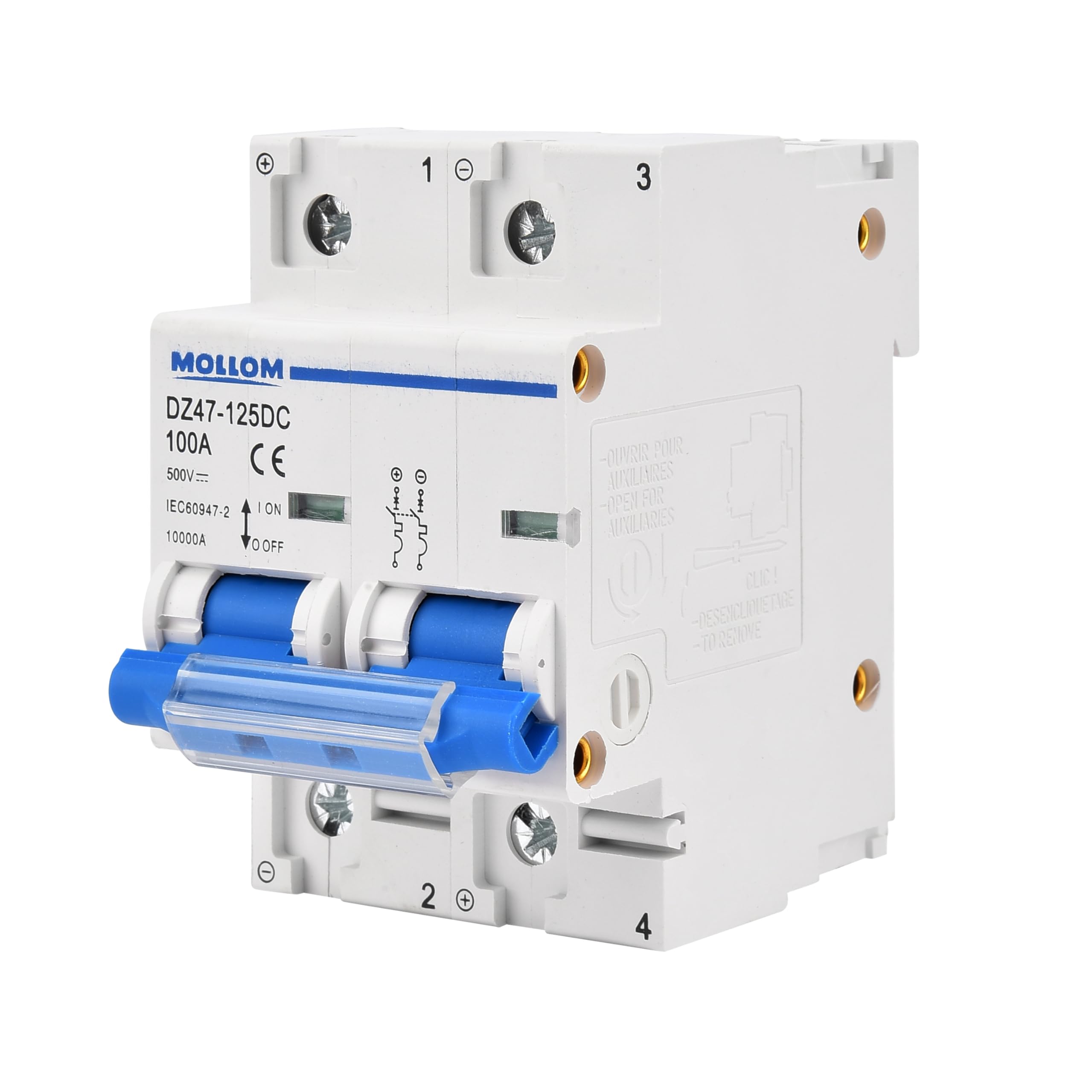 MOLLOM DC 2 Pole Miniature Circuit Breaker, 500V 100Amps, Scene Visualization Custom MCB Thermal Magnetic Trip, 6KA Breaking Capacity DC Disconnect Switch for Solar Photovoltaic System