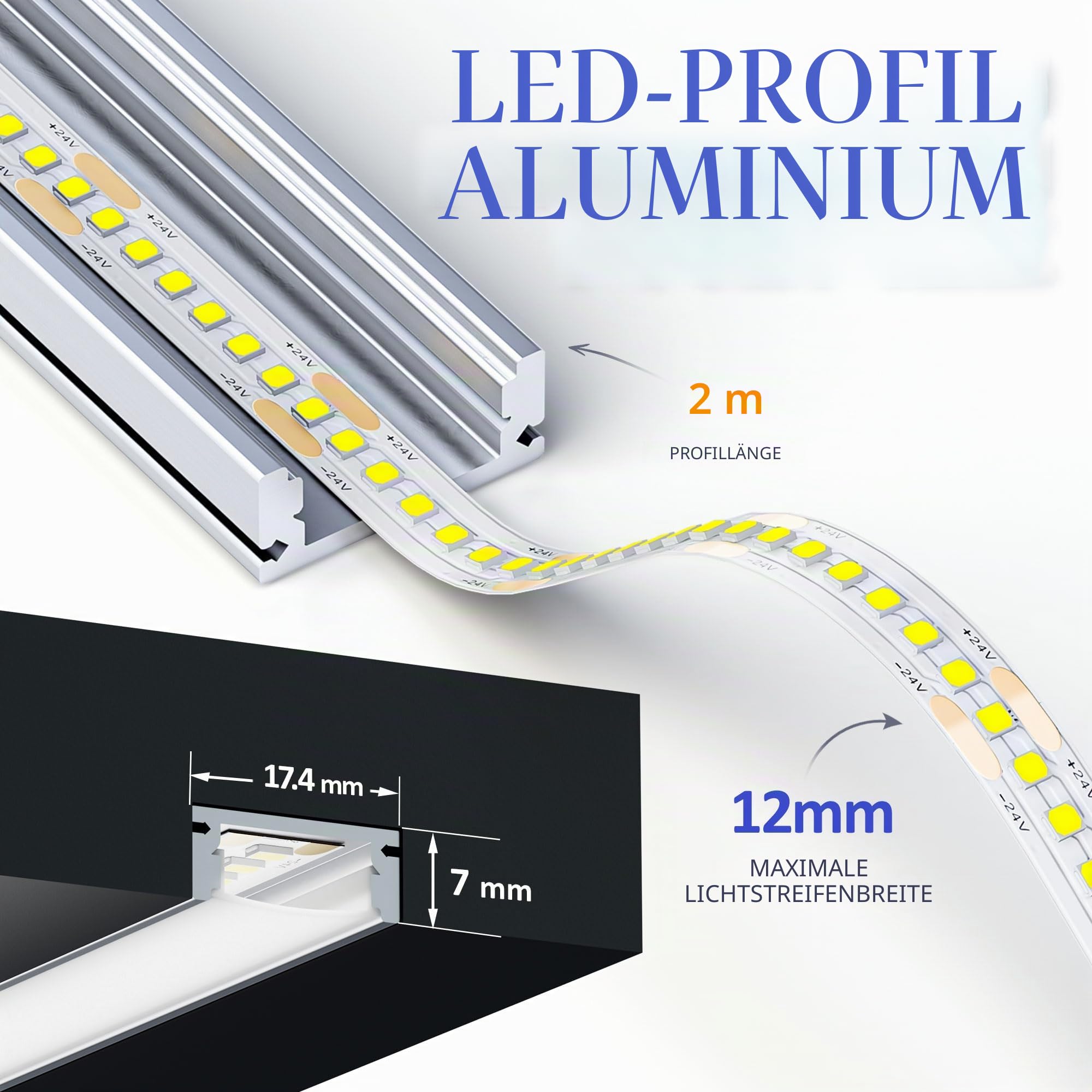 5 x LED Profil für Streifen 2 m (10 m), LED Schiene Aluminium für Trockenbau, geeignet für LED Stripes bis 12 mm Breite, Maße: 17.4 x 7 mm, Einbau für Fliesen, Gipskarton, Holzpaneele