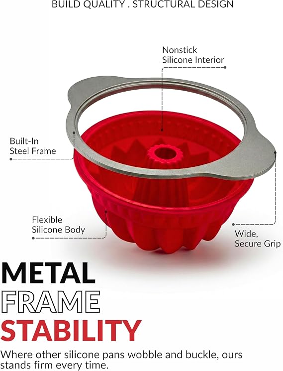 Boxiki Kitchen Premium Non-Stick Silicone Pound Cake Pan Heavy-Duty Steel Frame, BPA & PFOA Free Durable Fluted Cake Pan, Moldes para Gelatinas, Pasteles, Flan No Warping, No Shape Loss