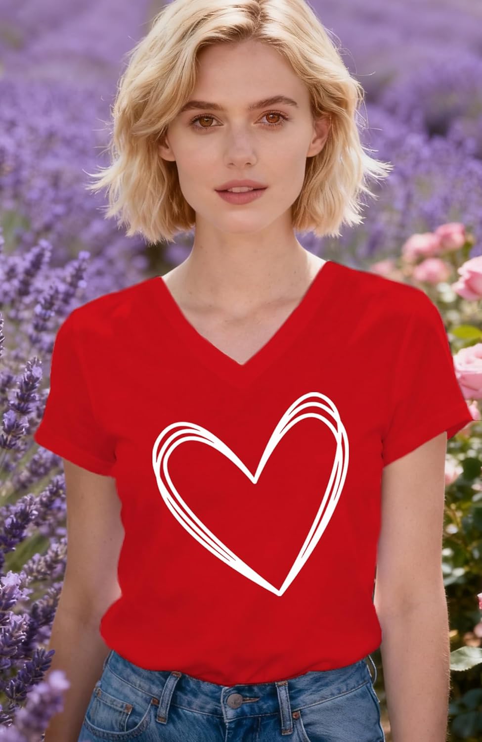 Valentines Shirts for Women Valentines Day V-Neck T-Shirt Heart Tee Tops - Image 4