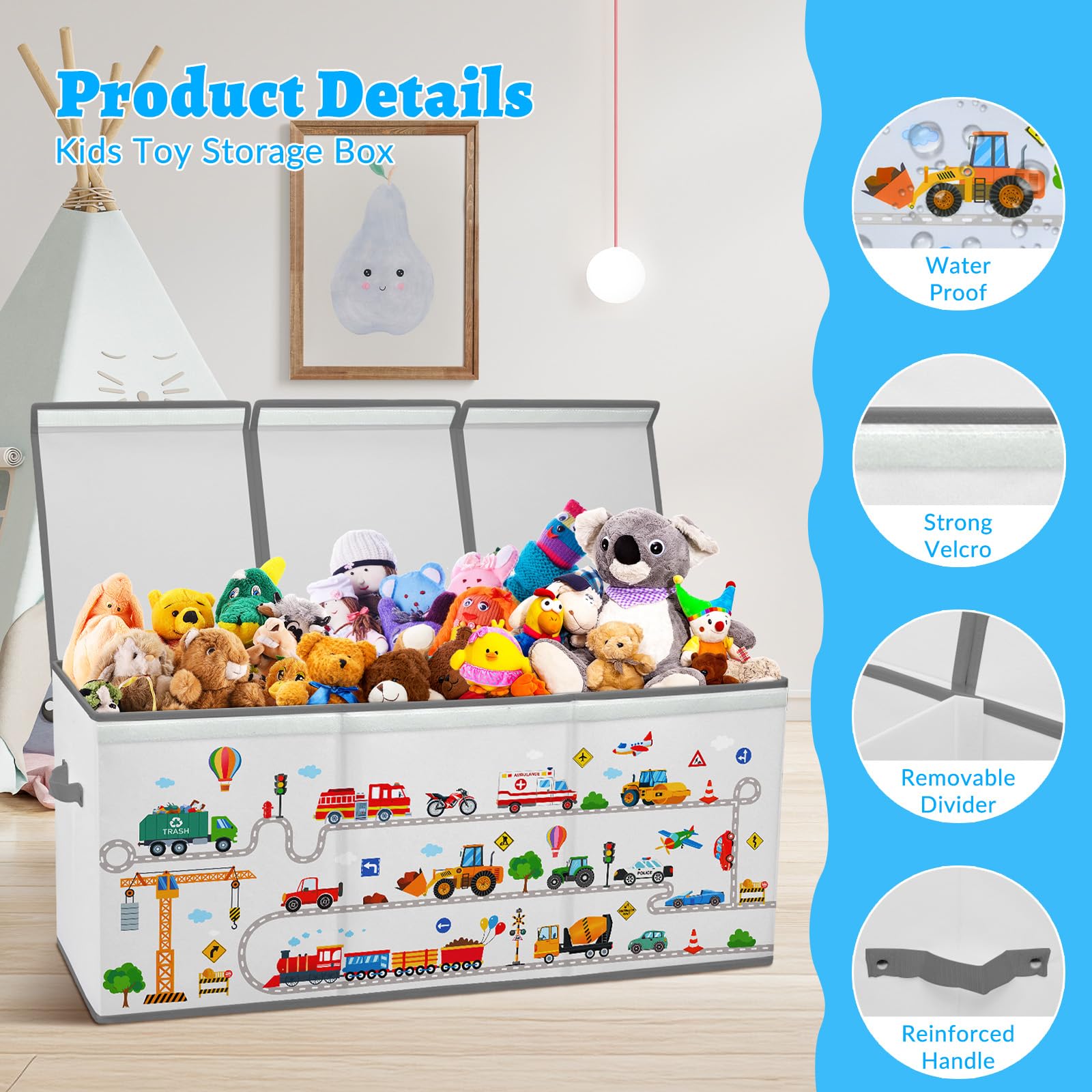 Extra Groß Aufbewahrungsbox mit Deckel Kinder, Zusammenklappbare Oxford-Spielzeugkiste mit Griff für Mädchen Jungen, Wasserdichte Spielzeug Aufbewahrung im Kinderzimmer, 96×32×40 cm (Straßenfahrzeuge)