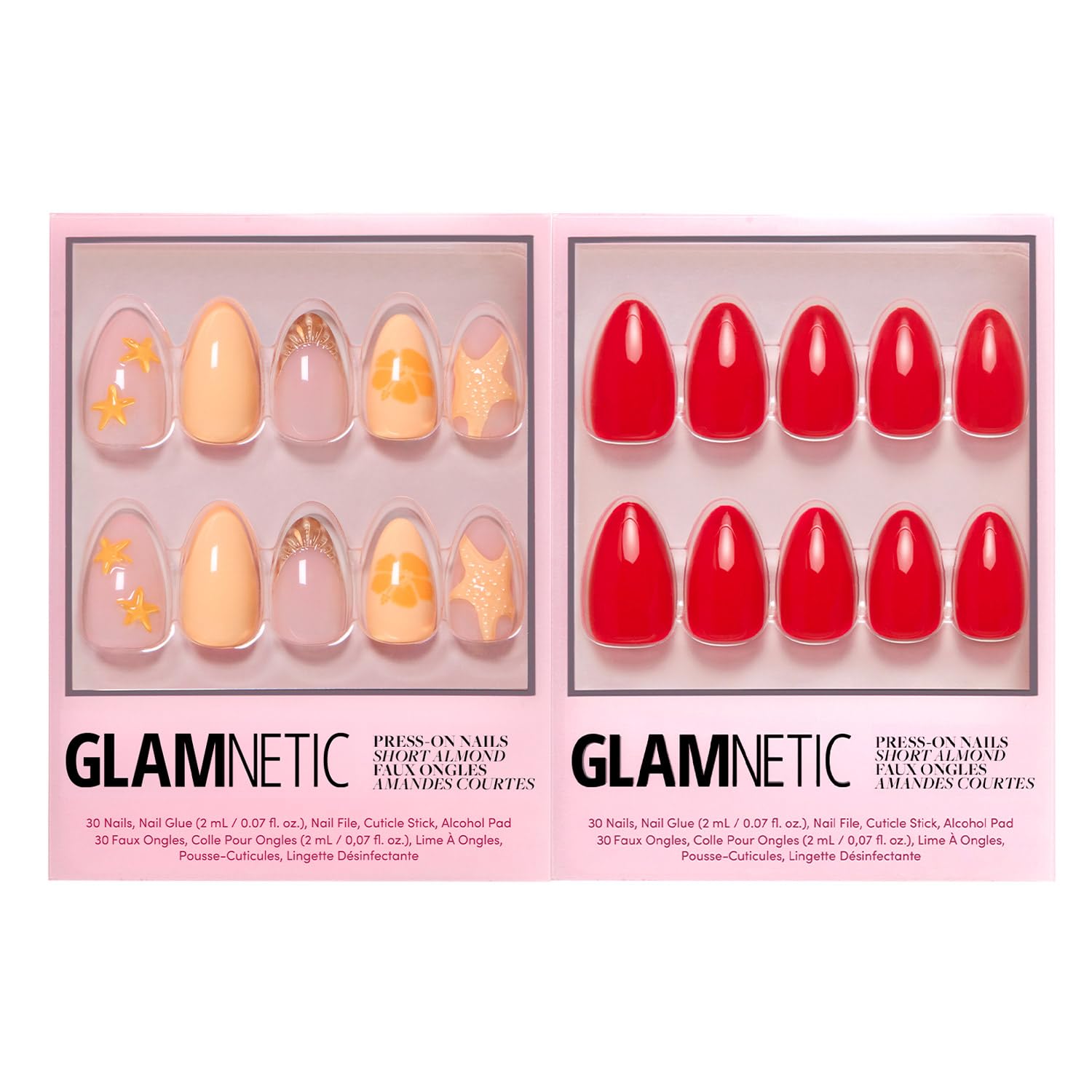 Glamnetic Press-On Nails Bundle - Sunny Shores & Fiery Red | Short Almond Orange Fake Nails with 3D Starfish | Bright Red Short Almond False Nails | Reusable, Salon-Quality Nail Kits
